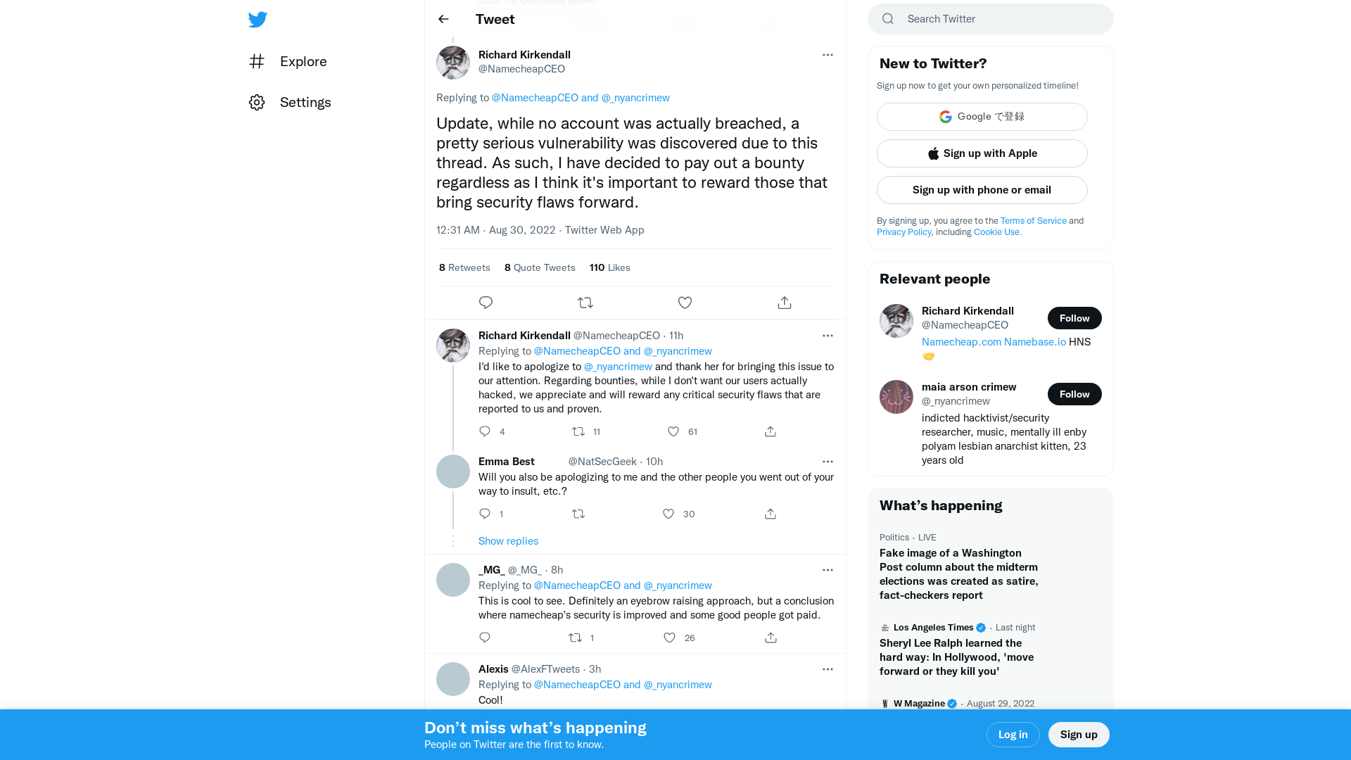 Richard Kirkendall on Twitter: "@_nyancrimew Update, while no account was actually breached, a pretty serious vulnerability was discovered due to this thread. As such, I have decided to pay out a bounty regardless as I think it's important to reward those that bring security flaws forward." / Twitter