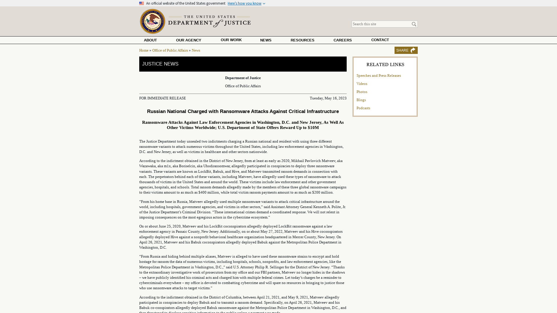 Russian National Charged with Ransomware Attacks Against Critical Infrastructure | OPA | Department of Justice