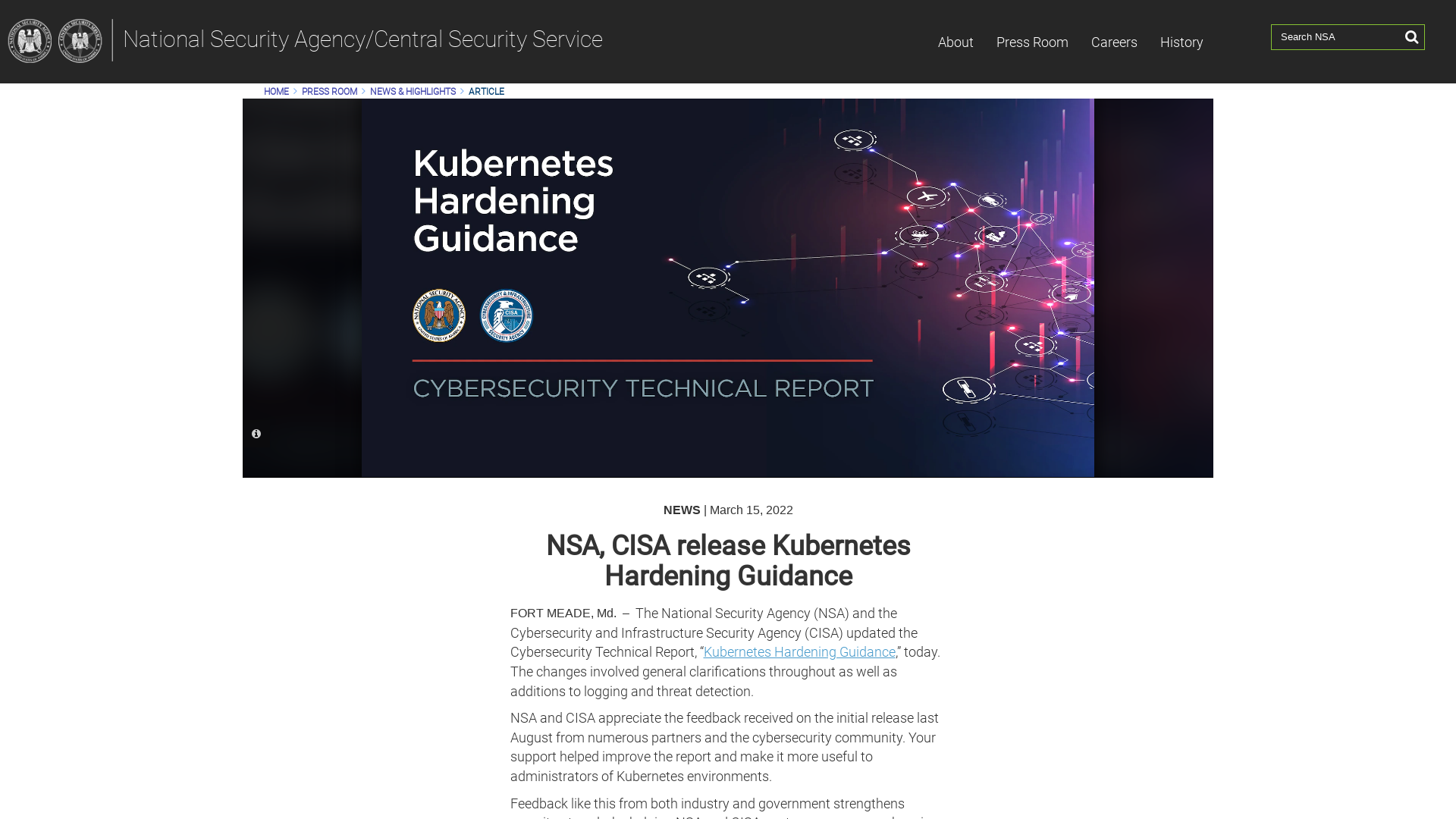 NSA, CISA release Kubernetes Hardening Guidance > National Security Agency/Central Security Service > Article