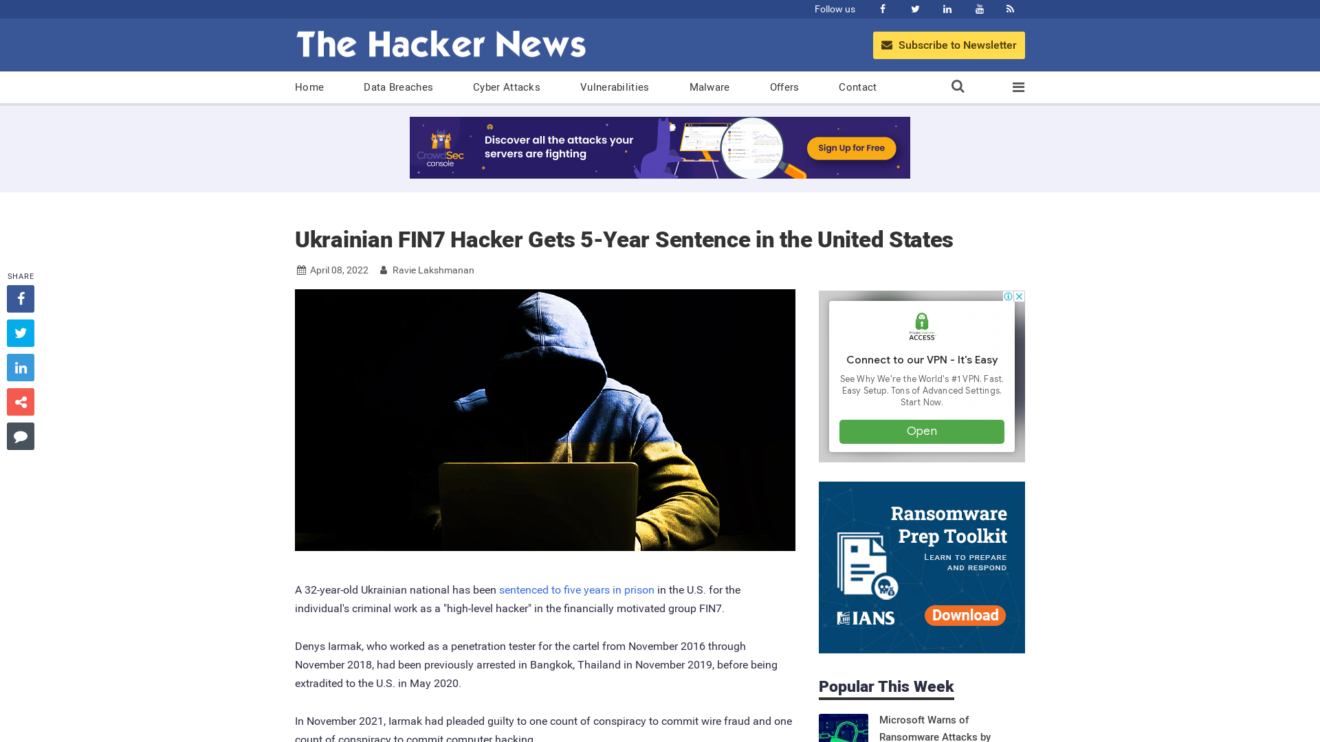 Ukrainian FIN7 Hacker Gets 5-Year Sentence in the United States