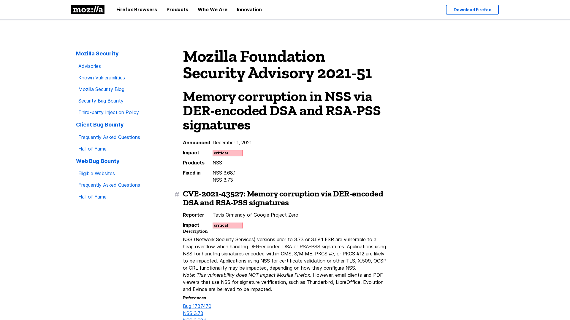 Memory corruption in NSS via DER-encoded DSA and RSA-PSS signatures — Mozilla