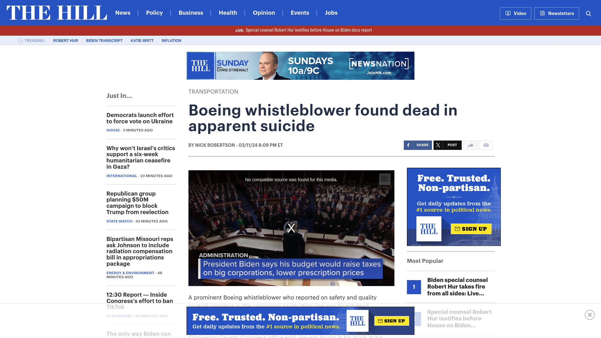 Boeing whistleblower found dead in apparent suicide | The Hill