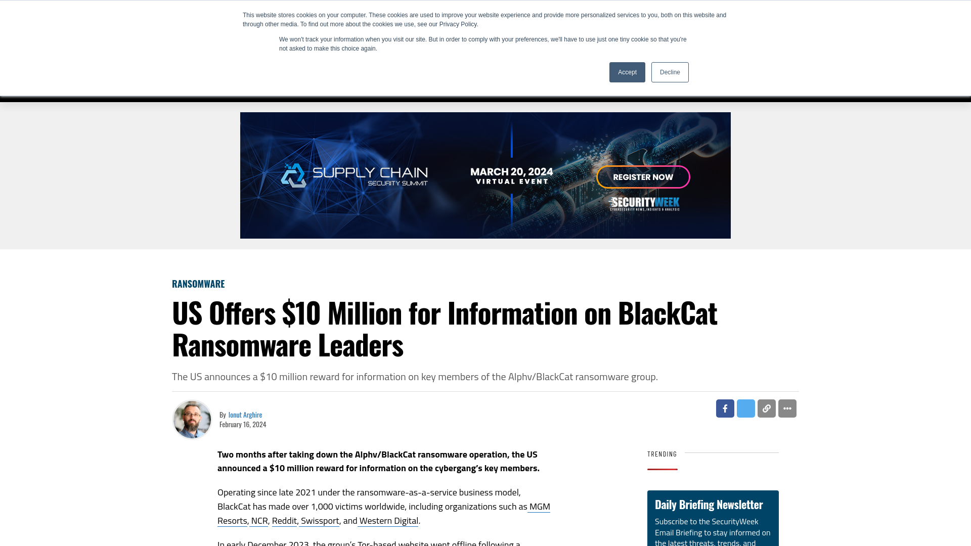 US Offers $10 Million for Information on BlackCat Ransomware Leaders - SecurityWeek