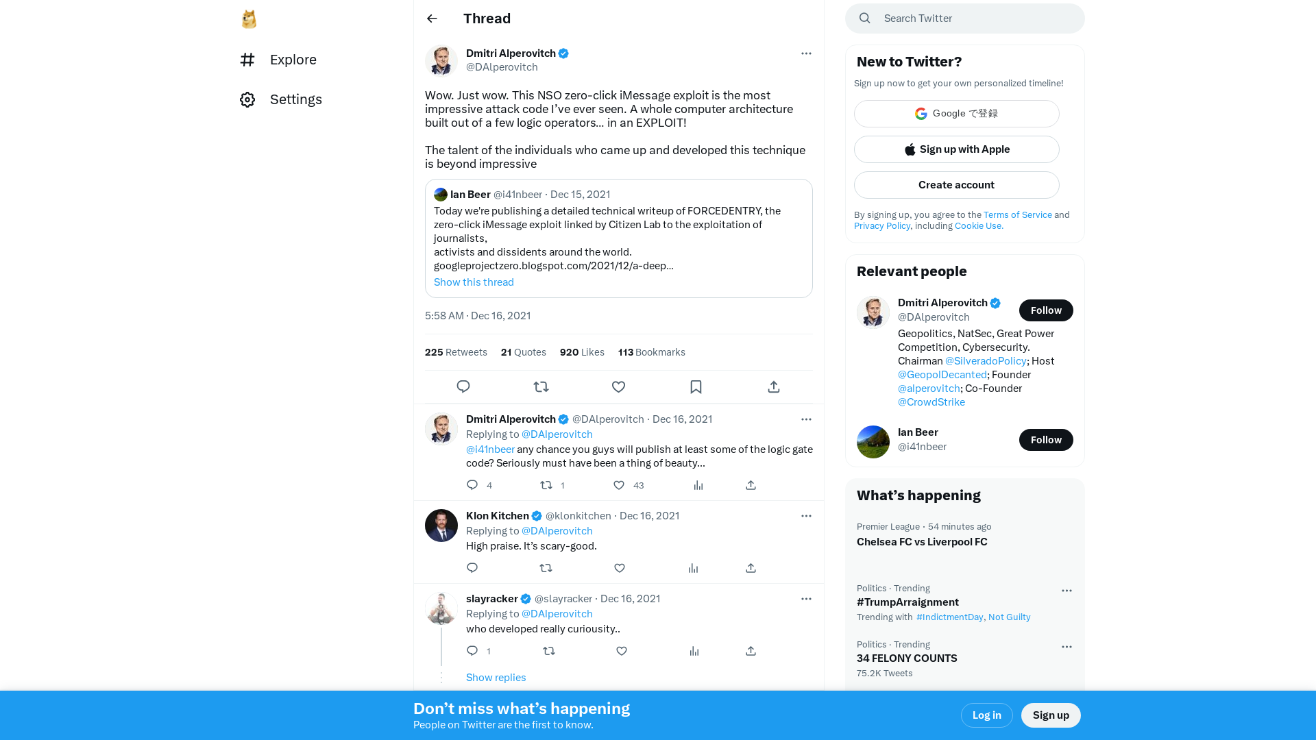 Dmitri Alperovitch on Twitter: "Wow. Just wow. This NSO zero-click iMessage exploit is the most impressive attack code I’ve ever seen. A whole computer architecture built out of a few logic operators… in an EXPLOIT! The talent of the individuals who came up and developed this technique is beyond impressive" / Twitter