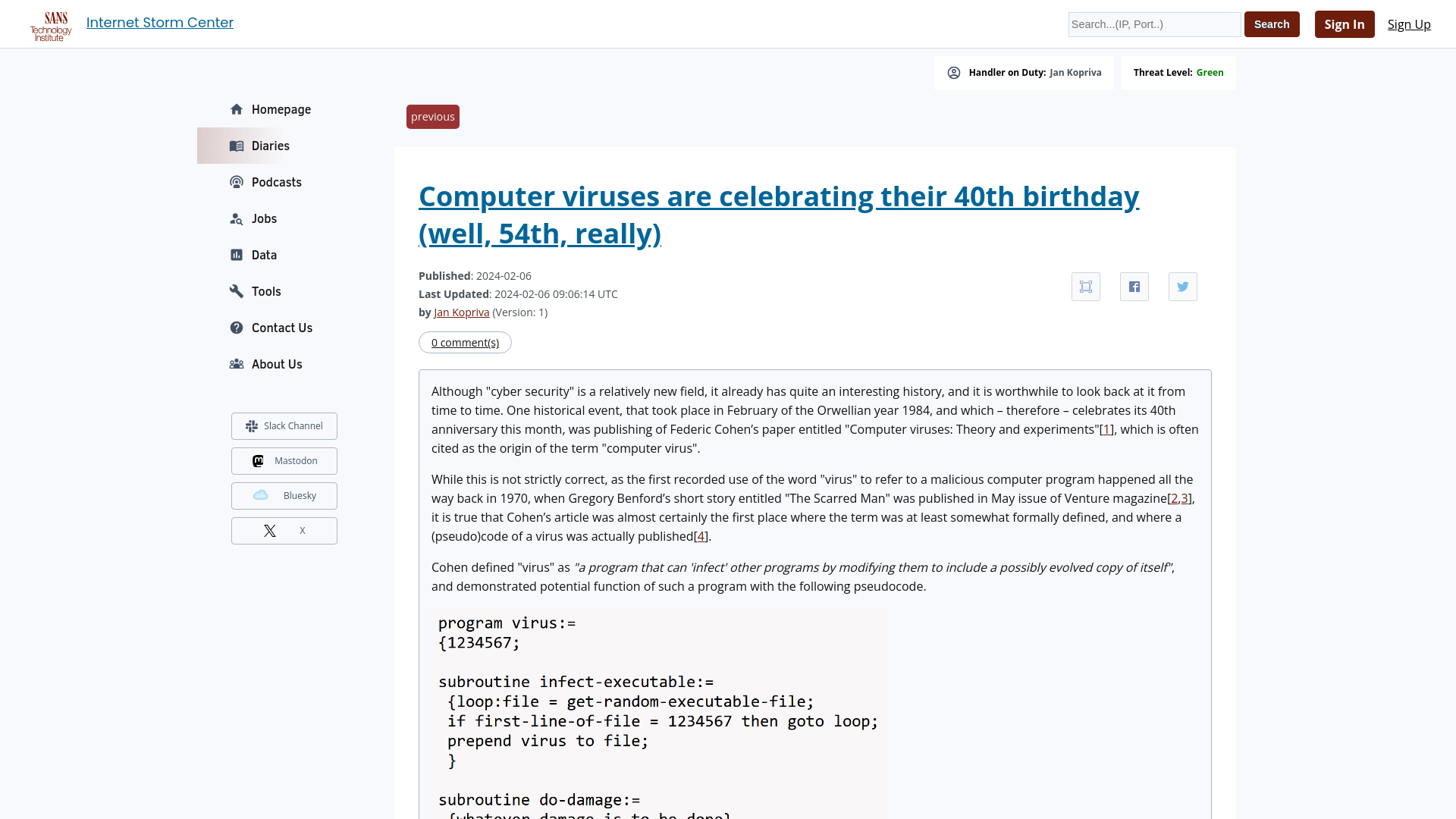 Computer viruses are celebrating their 40th birthday (well, 54th, really) - SANS Internet Storm Center