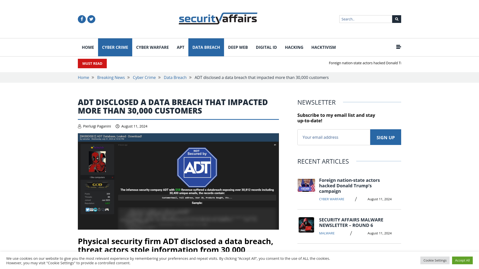 ADT disclosed a data breach that impacted + 30,000 customers