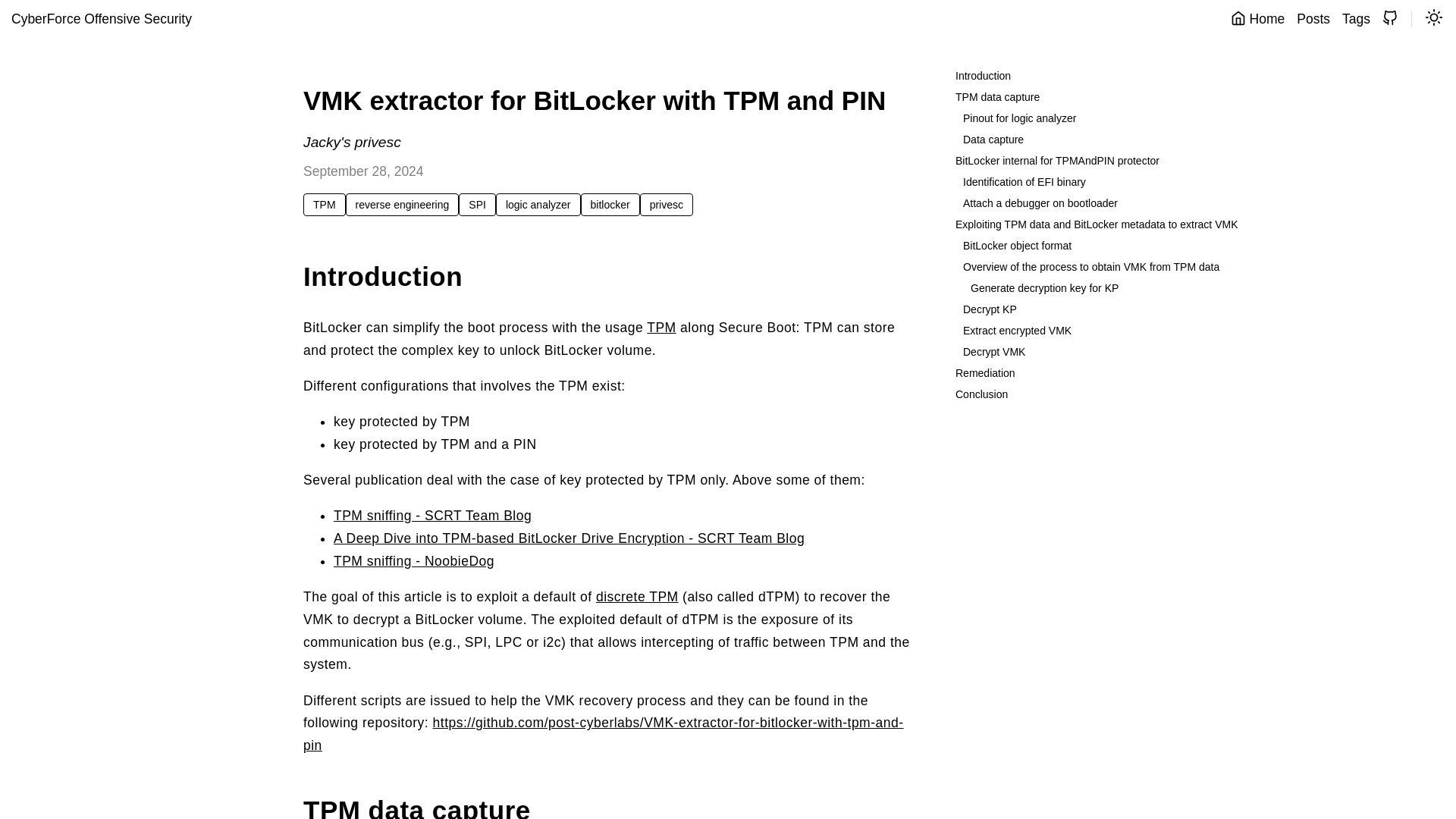 VMK extractor for BitLocker with TPM and PIN