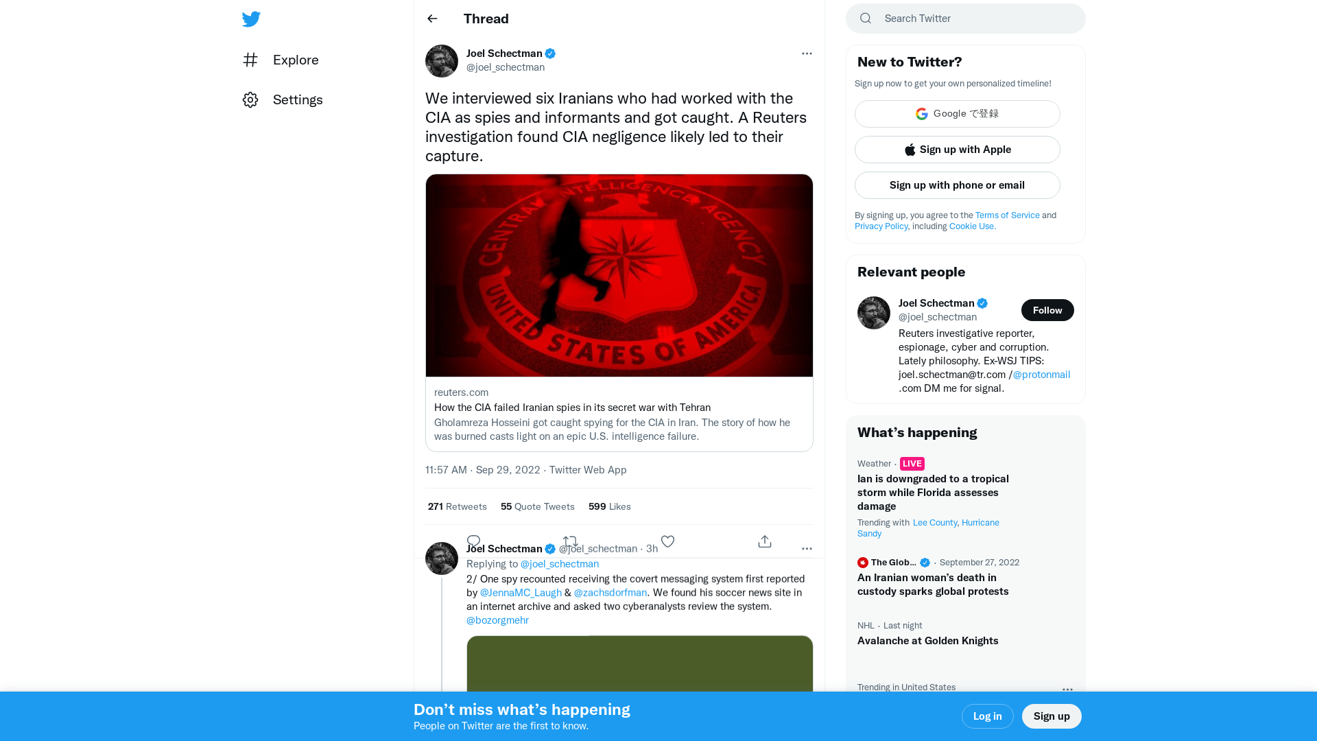 Joel Schectman on Twitter: "We interviewed six Iranians who had worked with the CIA as spies and informants and got caught. A Reuters investigation found CIA negligence likely led to their capture. https://t.co/r7FdkkxSF4" / Twitter