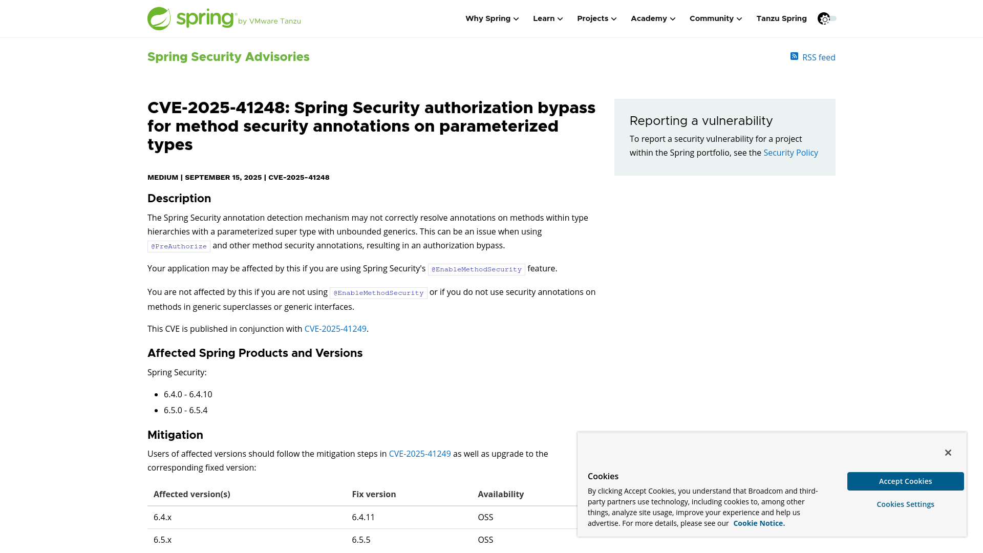 CVE-2025-41248: Spring Security authorization bypass for method security annotations on parameterized types