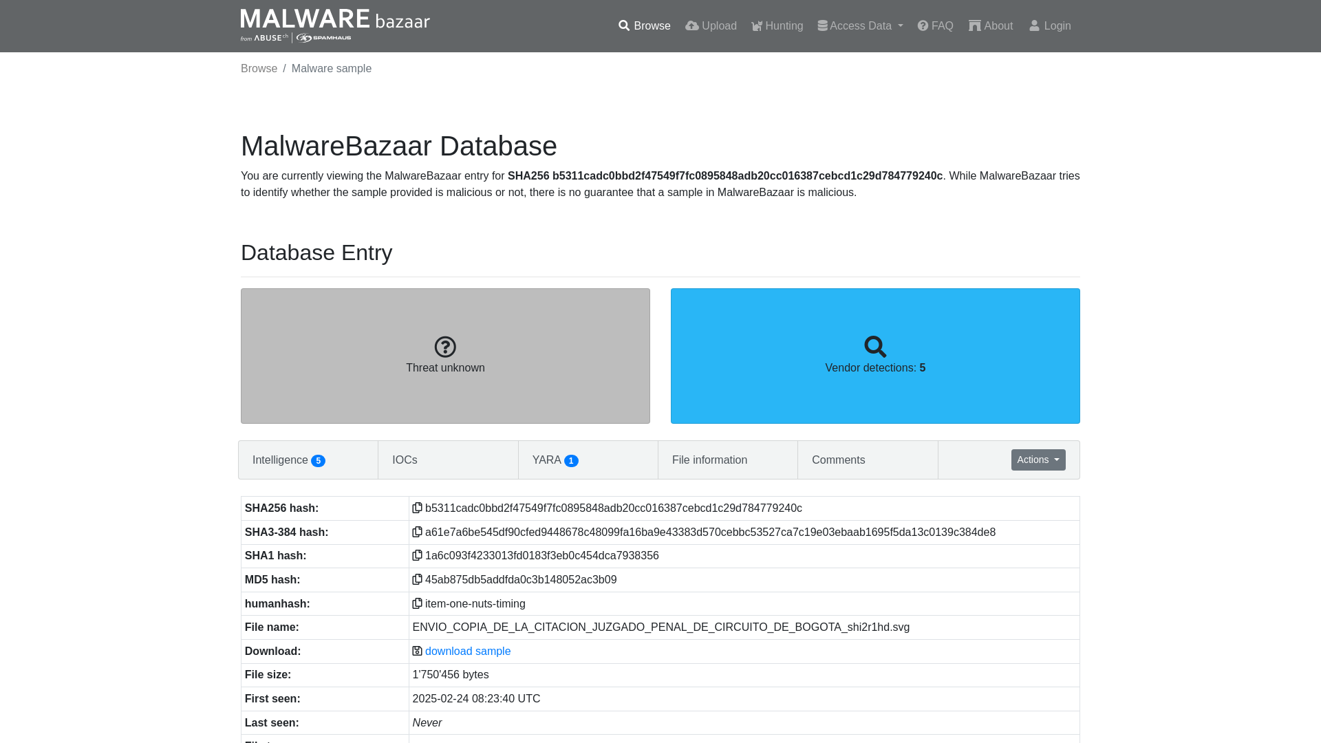 MalwareBazaar | SHA256 b5311cadc0bbd2f47549f7fc0895848adb20cc016387cebcd1c29d784779240c