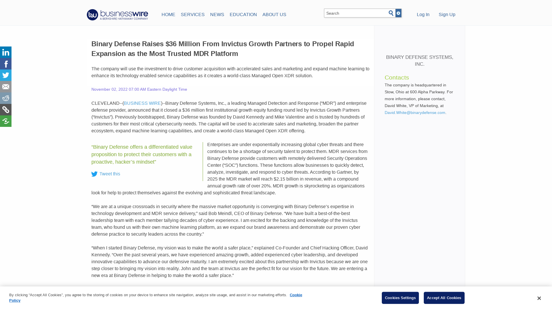 Binary Defense Raises $36 Million From Invictus Growth Partners to Propel Rapid Expansion as the Most Trusted MDR Platform | Business Wire