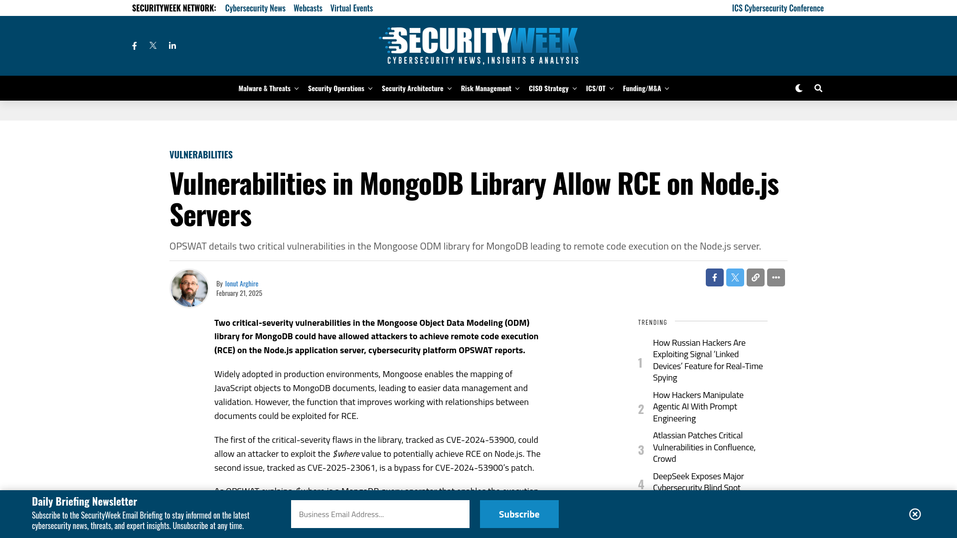 Vulnerabilities in MongoDB Library Allow RCE on Node.js Servers - SecurityWeek