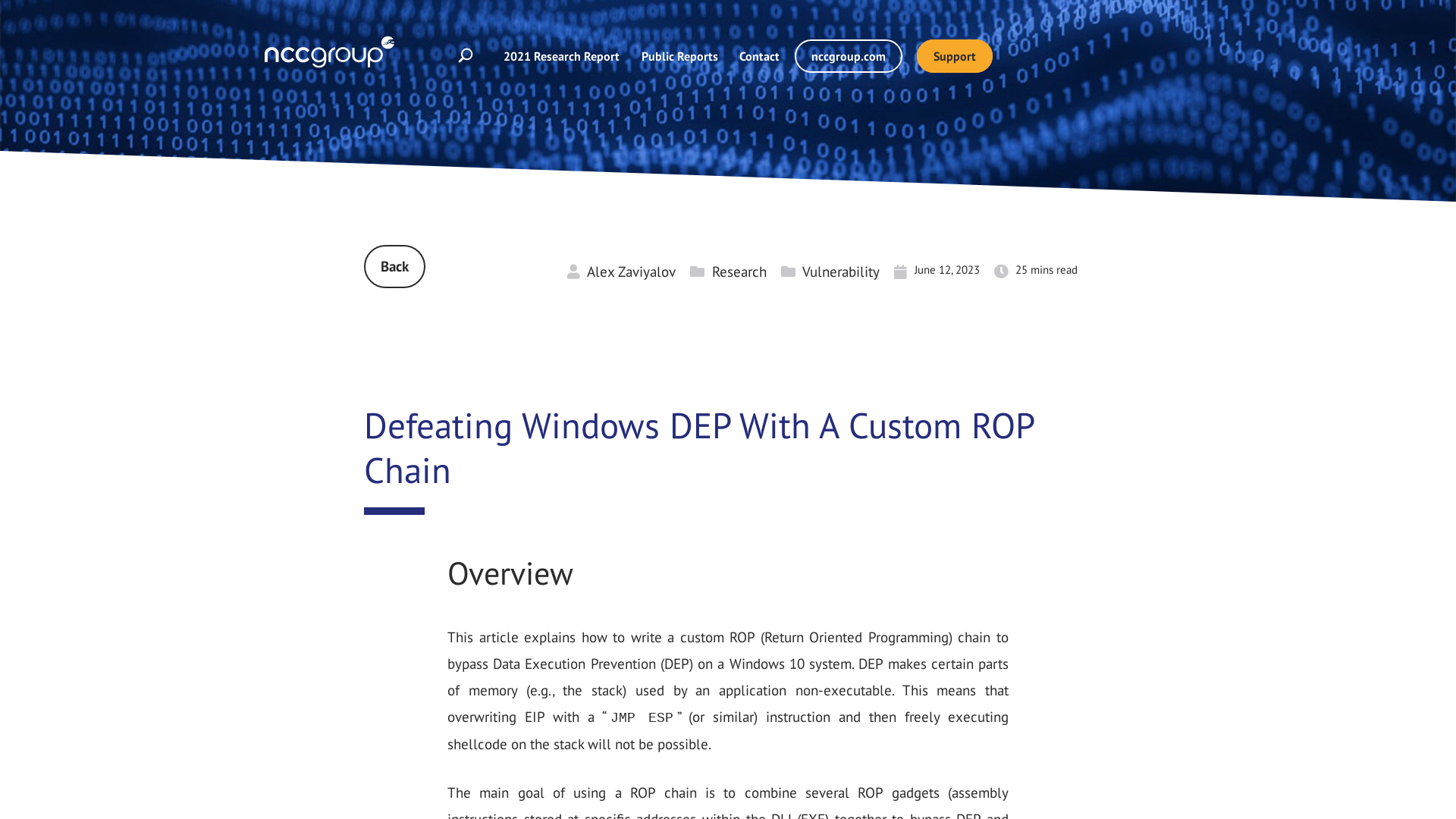 Defeating Windows DEP With A Custom ROP Chain | NCC Group Research Blog | Making the world safer and more secure