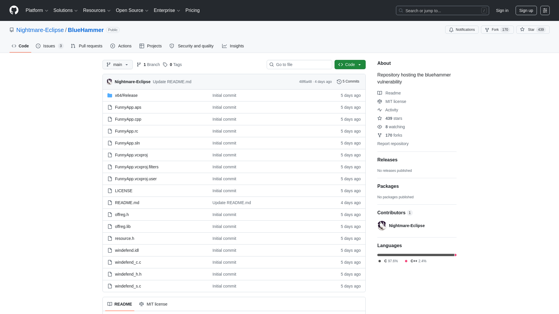 GitHub - Nightmare-Eclipse/BlueHammer: Repository hosting the bluehammer vulnerability · GitHub