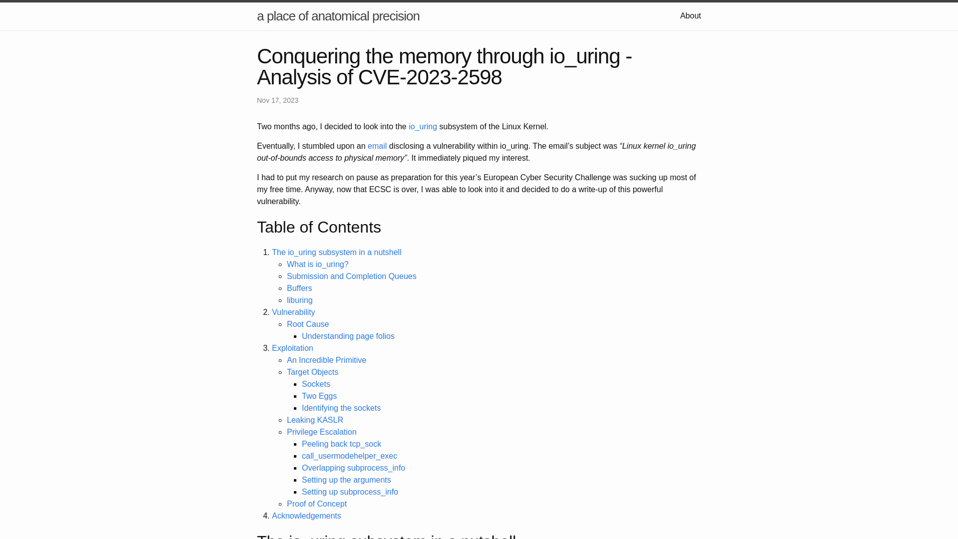 Conquering the memory through io_uring - Analysis of CVE-2023-2598 | a place of anatomical precision