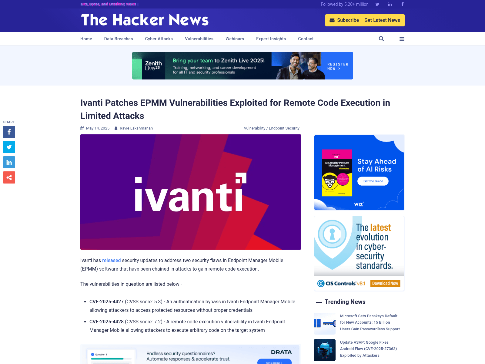 Ivanti Patches EPMM Vulnerabilities Exploited for Remote Code Execution in Limited Attacks