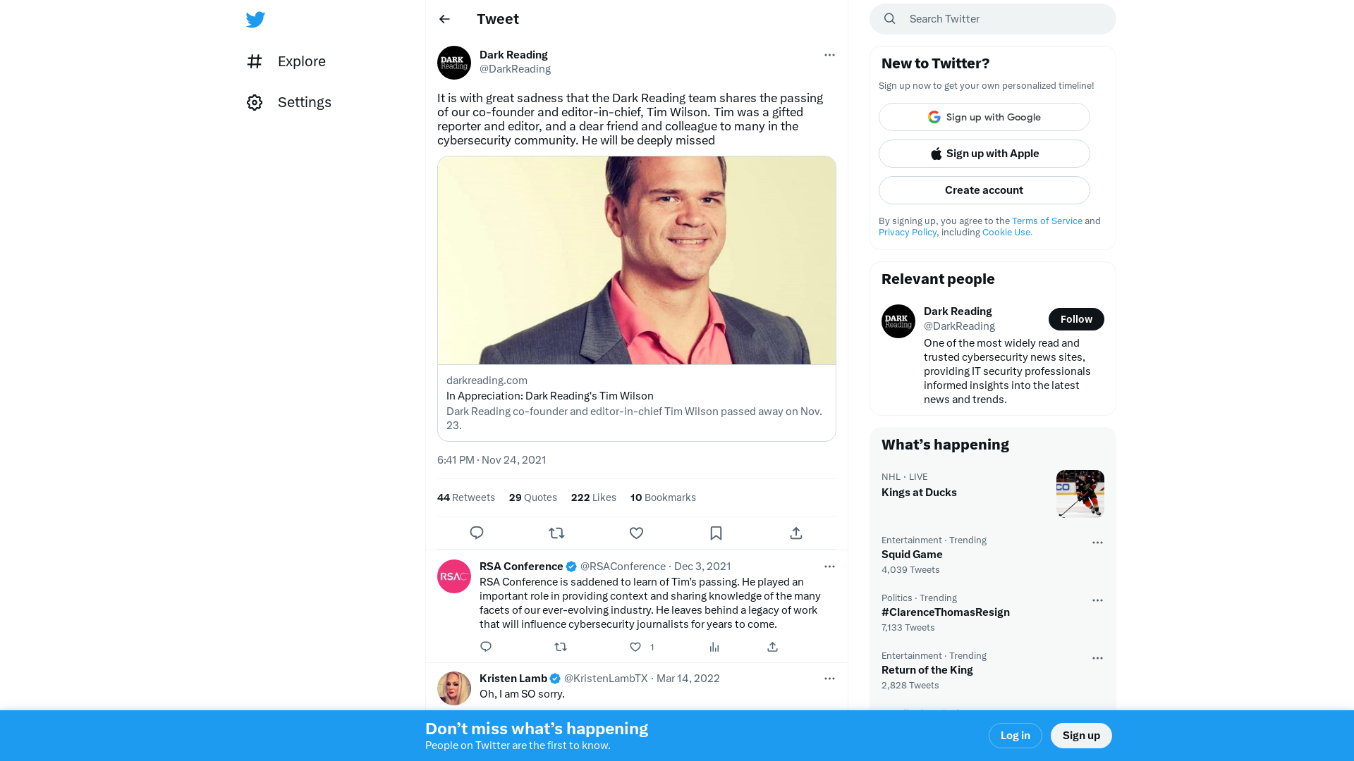 Dark Reading on Twitter: "It is with great sadness that the Dark Reading team shares the passing of our co-founder and editor-in-chief, Tim Wilson. Tim was a gifted reporter and editor, and a dear friend and colleague to many in the cybersecurity community. He will be deeply missed https://t.co/mzLXOPNF8X" / Twitter