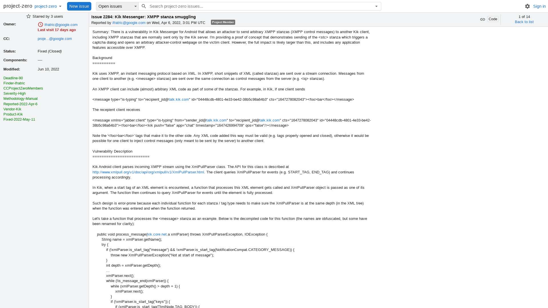 2284 - Kik Messenger: XMPP stanza smuggling - project-zero