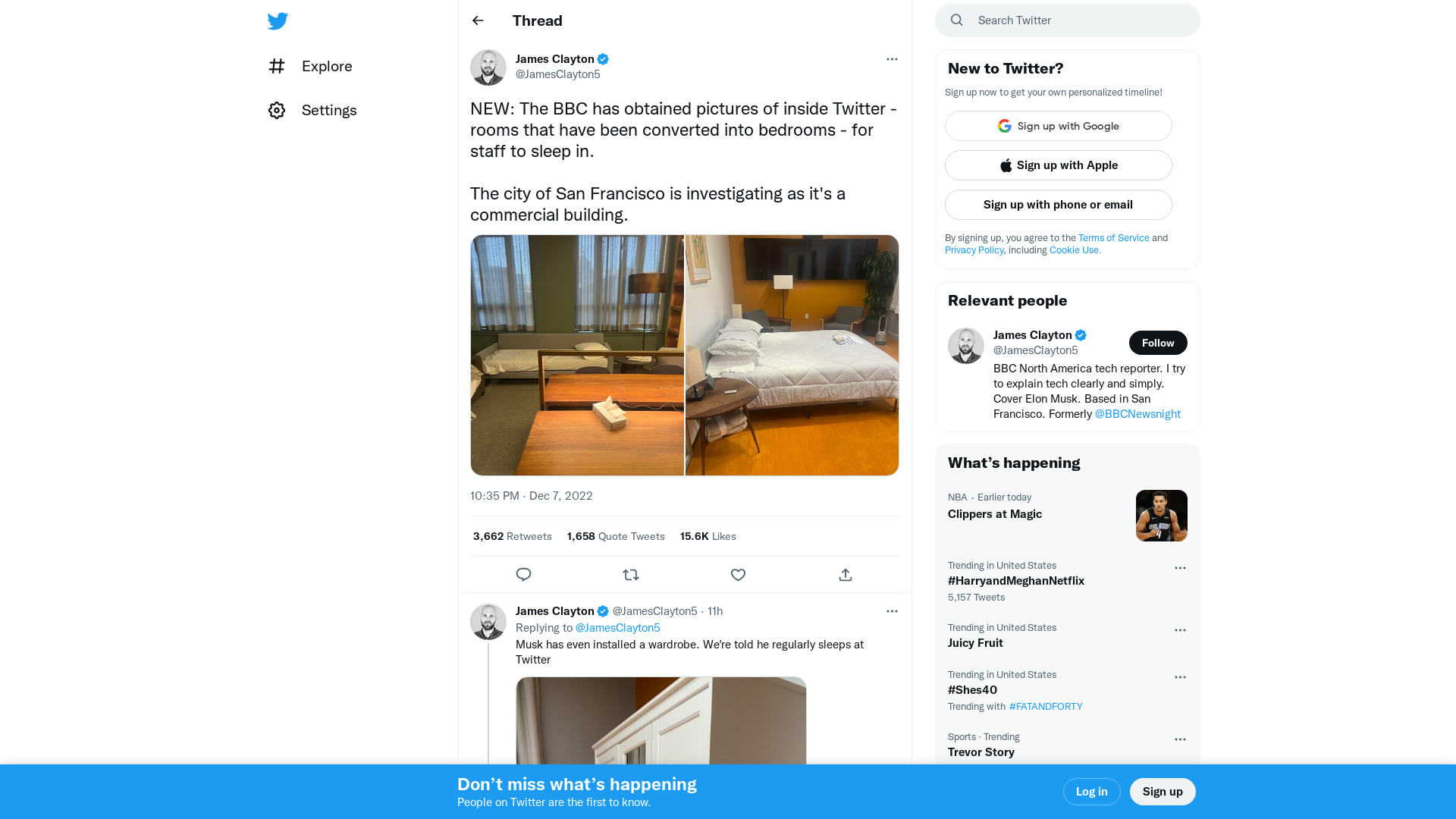 James Clayton on Twitter: "NEW: The BBC has obtained pictures of inside Twitter - rooms that have been converted into bedrooms - for staff to sleep in. The city of San Francisco is investigating as it's a commercial building. https://t.co/Y4vKxZXQhB" / Twitter