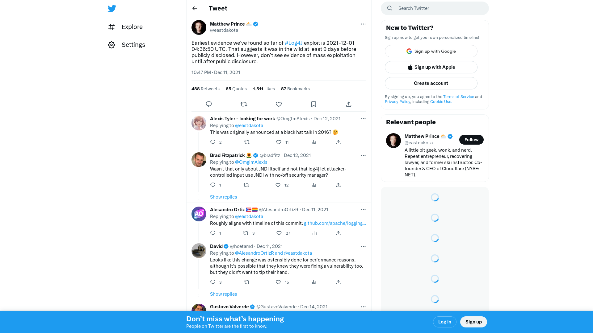 Matthew Prince 🌥 on Twitter: "Earliest evidence we’ve found so far of #Log4J exploit is 2021-12-01 04:36:50 UTC. That suggests it was in the wild at least 9 days before publicly disclosed. However, don’t see evidence of mass exploitation until after public disclosure." / Twitter