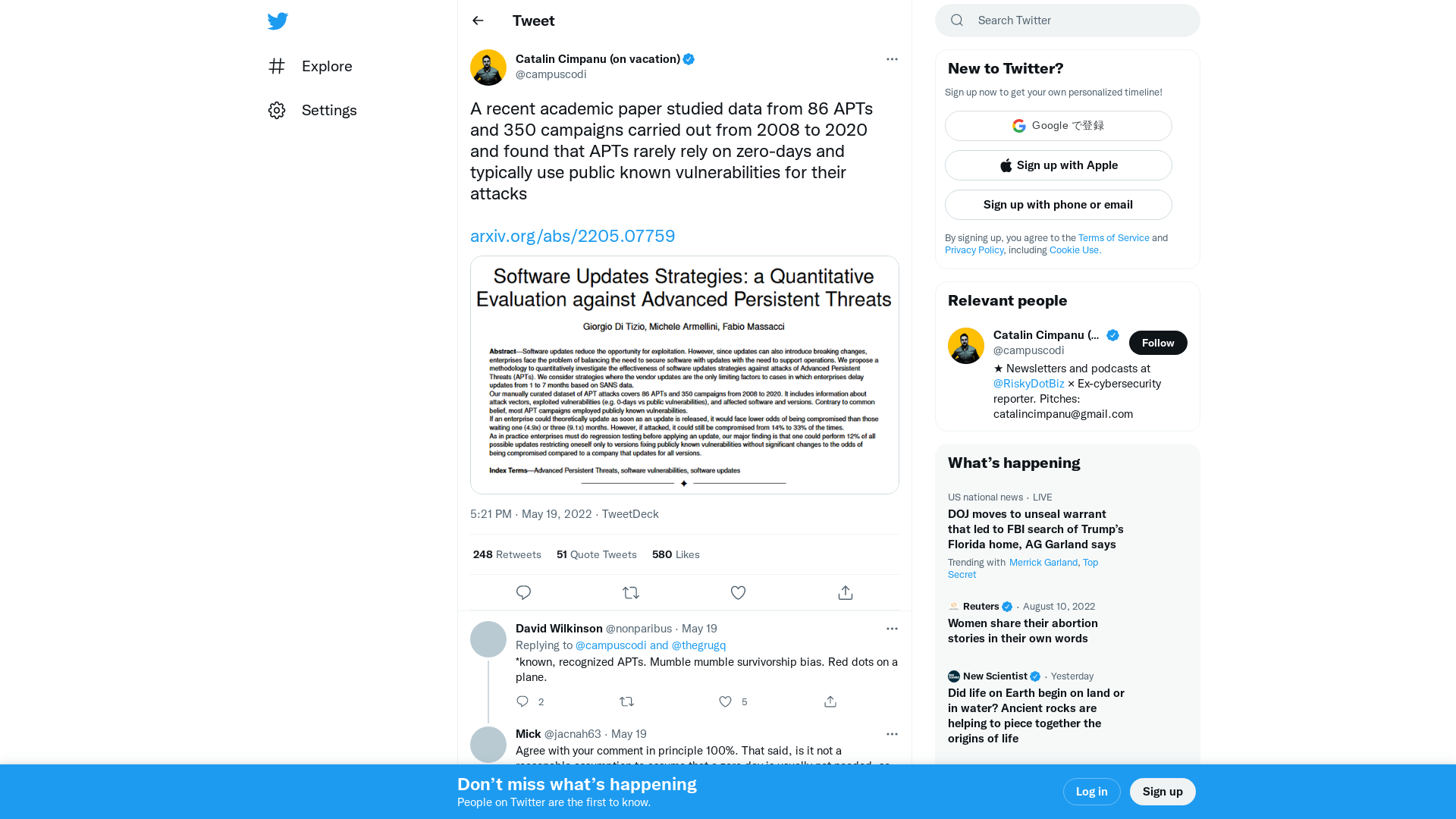 Catalin Cimpanu (on vacation) on Twitter: "A recent academic paper studied data from 86 APTs and 350 campaigns carried out from 2008 to 2020 and found that APTs rarely rely on zero-days and typically use public known vulnerabilities for their attacks https://t.co/5DesuLnK0P https://t.co/4vtZE1gse8" / Twitter