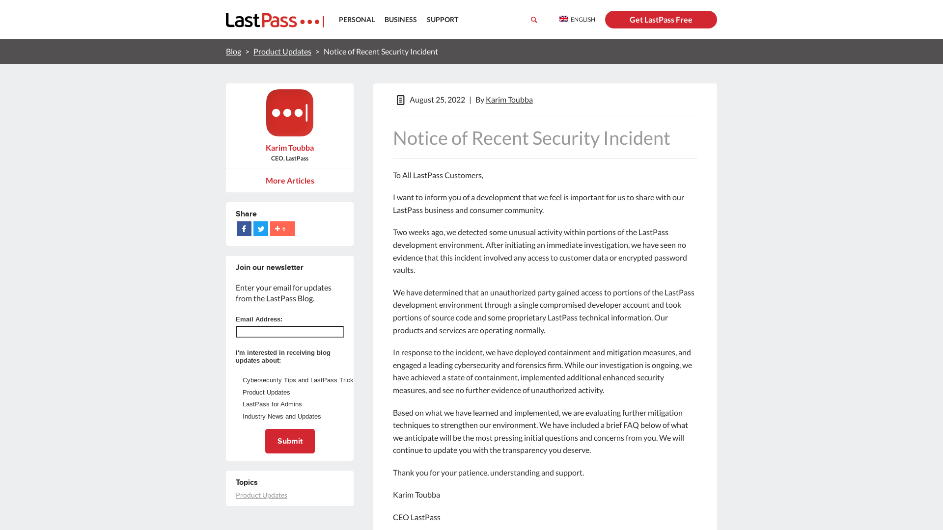 Notice of Recent Security Incident - The LastPass Blog