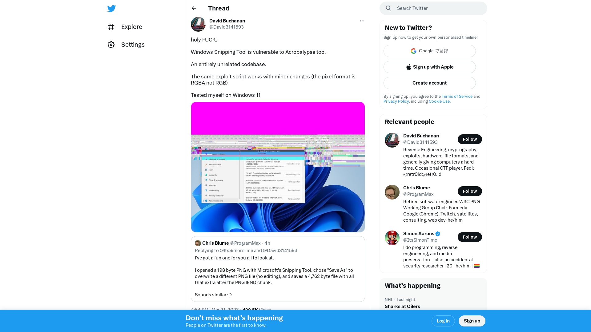 David Buchanan on Twitter: "holy FUCK. Windows Snipping Tool is vulnerable to Acropalypse too. An entirely unrelated codebase. The same exploit script works with minor changes (the pixel format is RGBA not RGB) Tested myself on Windows 11 https://t.co/ovJKPr0x5Y" / Twitter