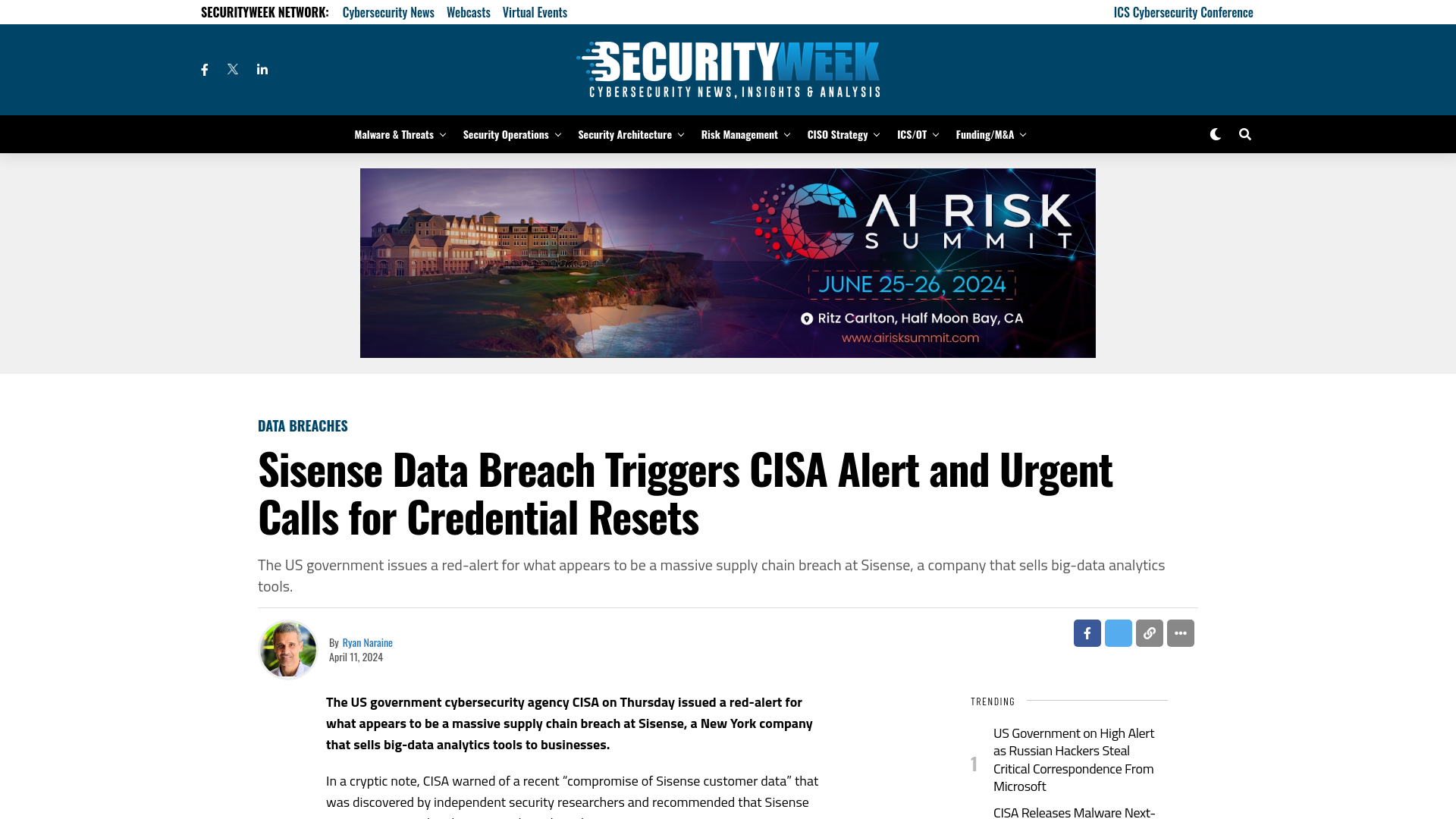 Sisense Data Breach Triggers CISA Alert and Urgent Calls for Credential Resets - SecurityWeek