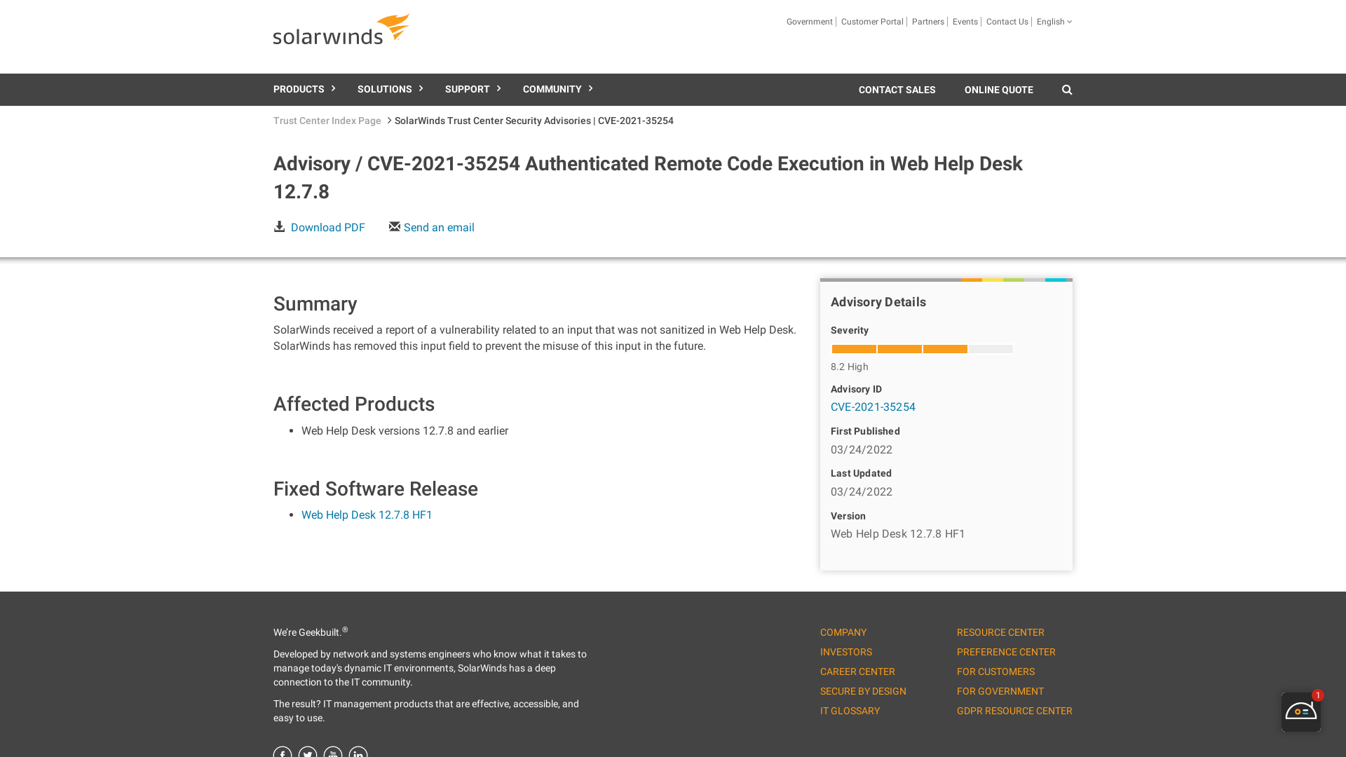 SolarWinds Trust Center Security Advisories | CVE-2021-35254