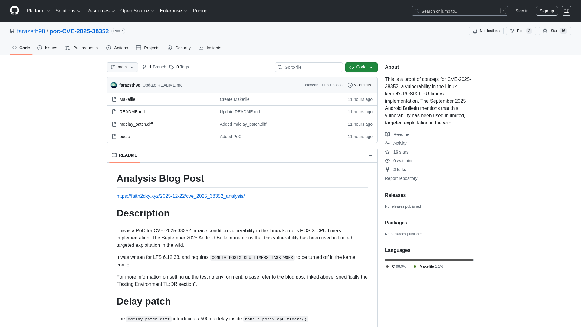 GitHub - farazsth98/poc-CVE-2025-38352: This is a proof of concept for CVE-2025-38352, a vulnerability in the Linux kernel's POSIX CPU timers implementation. The September 2025 Android Bulletin mentions that this vulnerability has been used in limited, targeted exploitation in the wild.