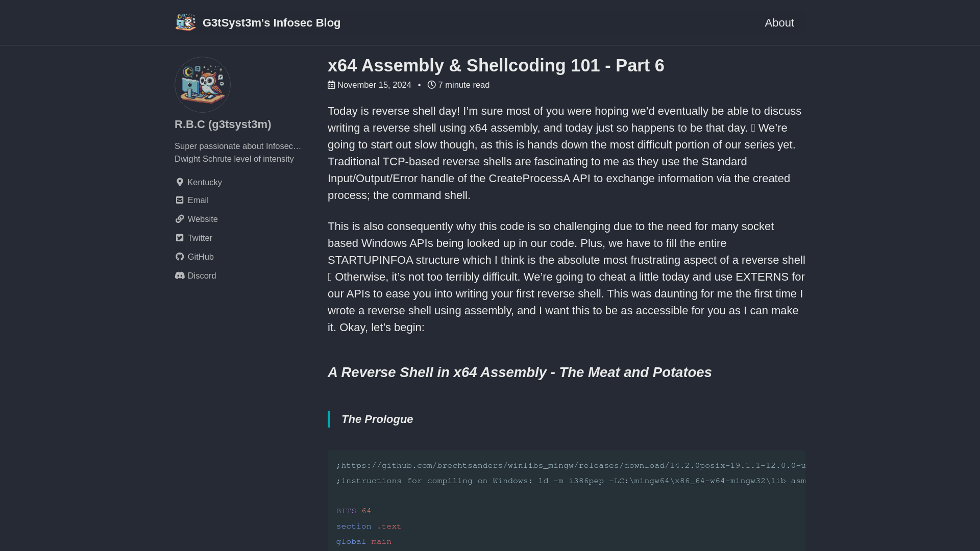 x64 Assembly & Shellcoding 101 - Part 6 - G3tSyst3m’s Infosec Blog