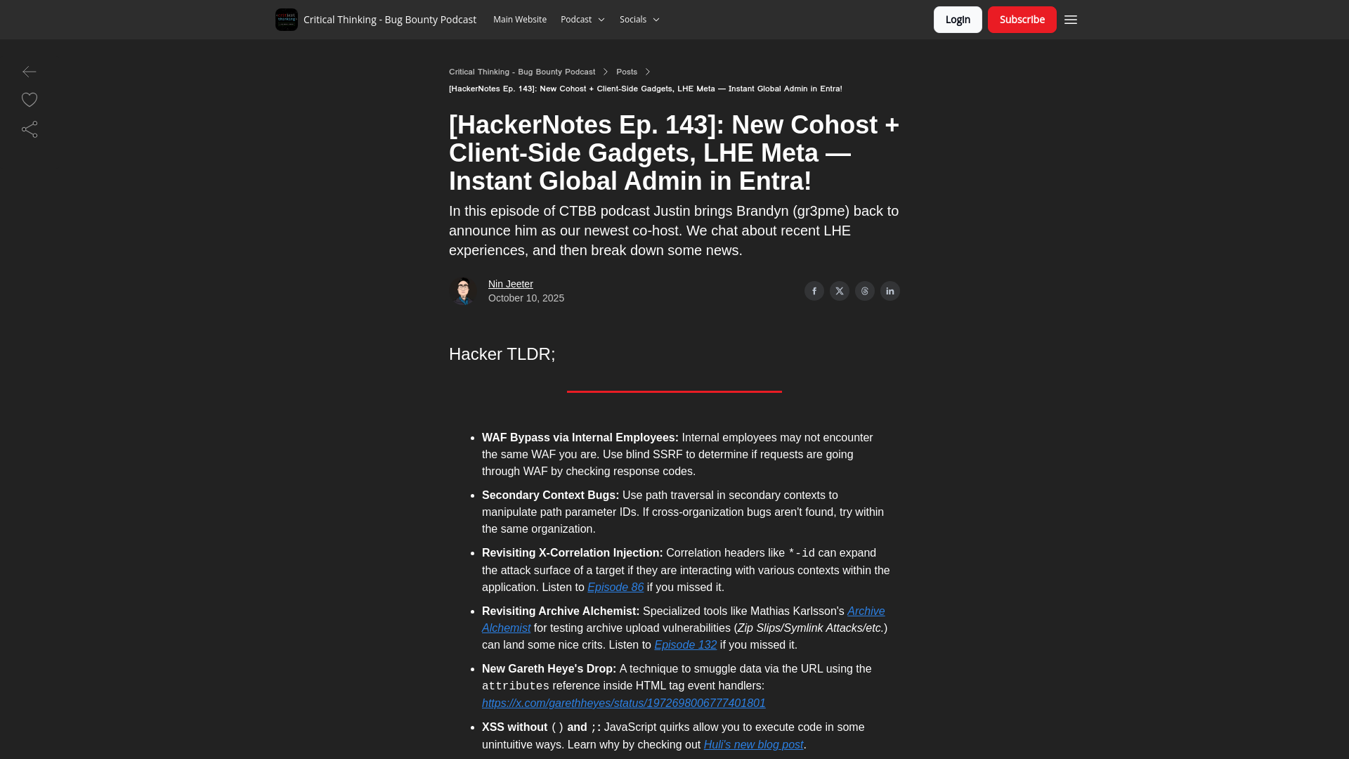 [HackerNotes Ep. 143]: New Cohost + Client-Side Gadgets, LHE Meta — Instant Global Admin in Entra!