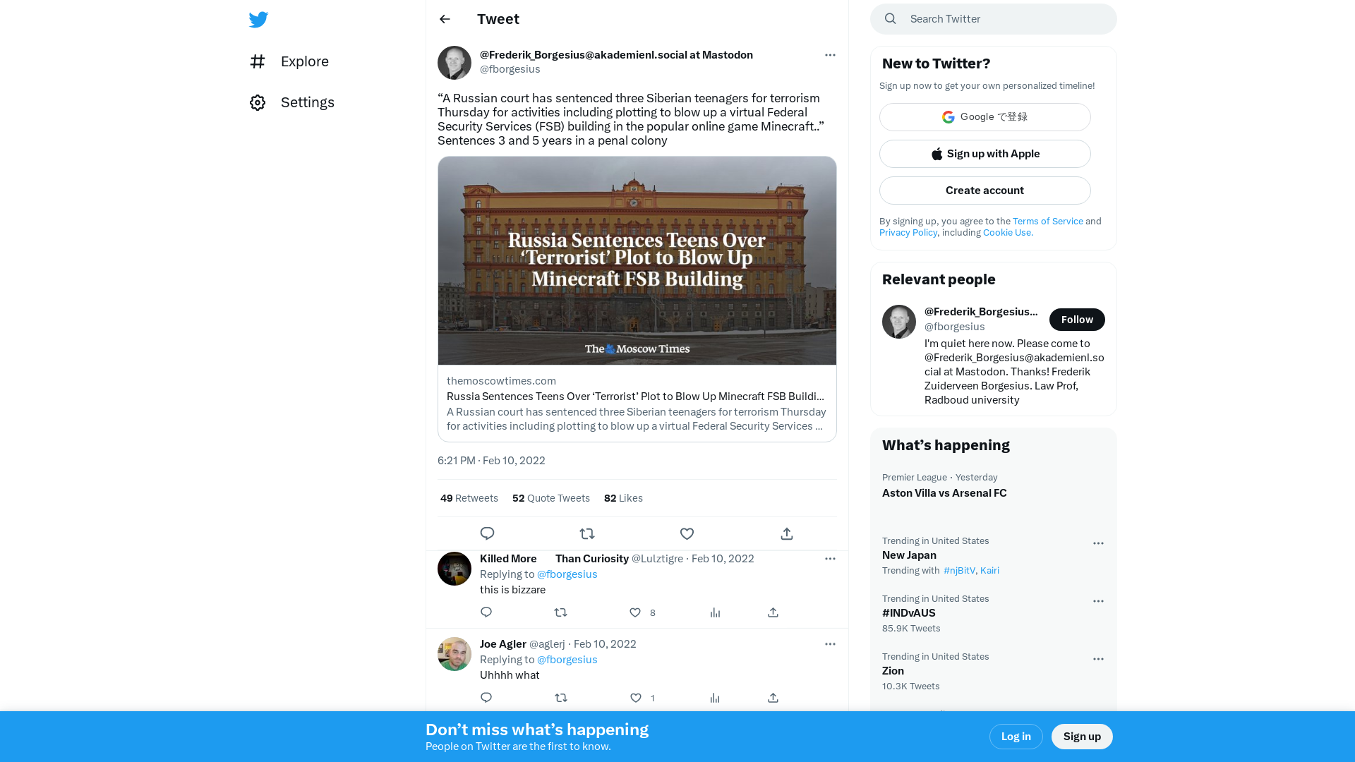 @Frederik_Borgesius@akademienl.social at Mastodon on Twitter: "“A Russian court has sentenced three Siberian teenagers for terrorism Thursday for activities including plotting to blow up a virtual Federal Security Services (FSB) building in the popular online game Minecraft..” Sentences 3 and 5 years in a penal colony https://t.co/alJIbSkTOJ" / Twitter