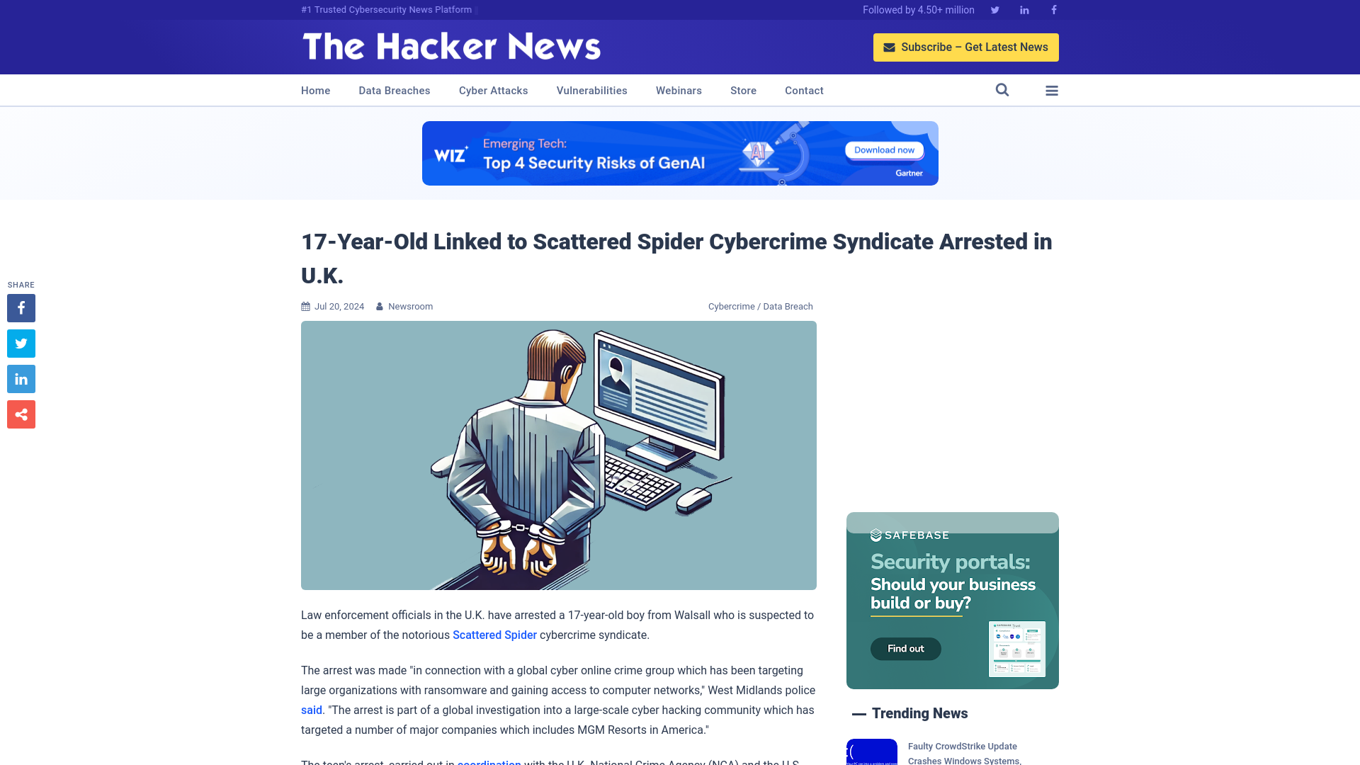 17-Year-Old Linked to Scattered Spider Cybercrime Syndicate Arrested in U.K.