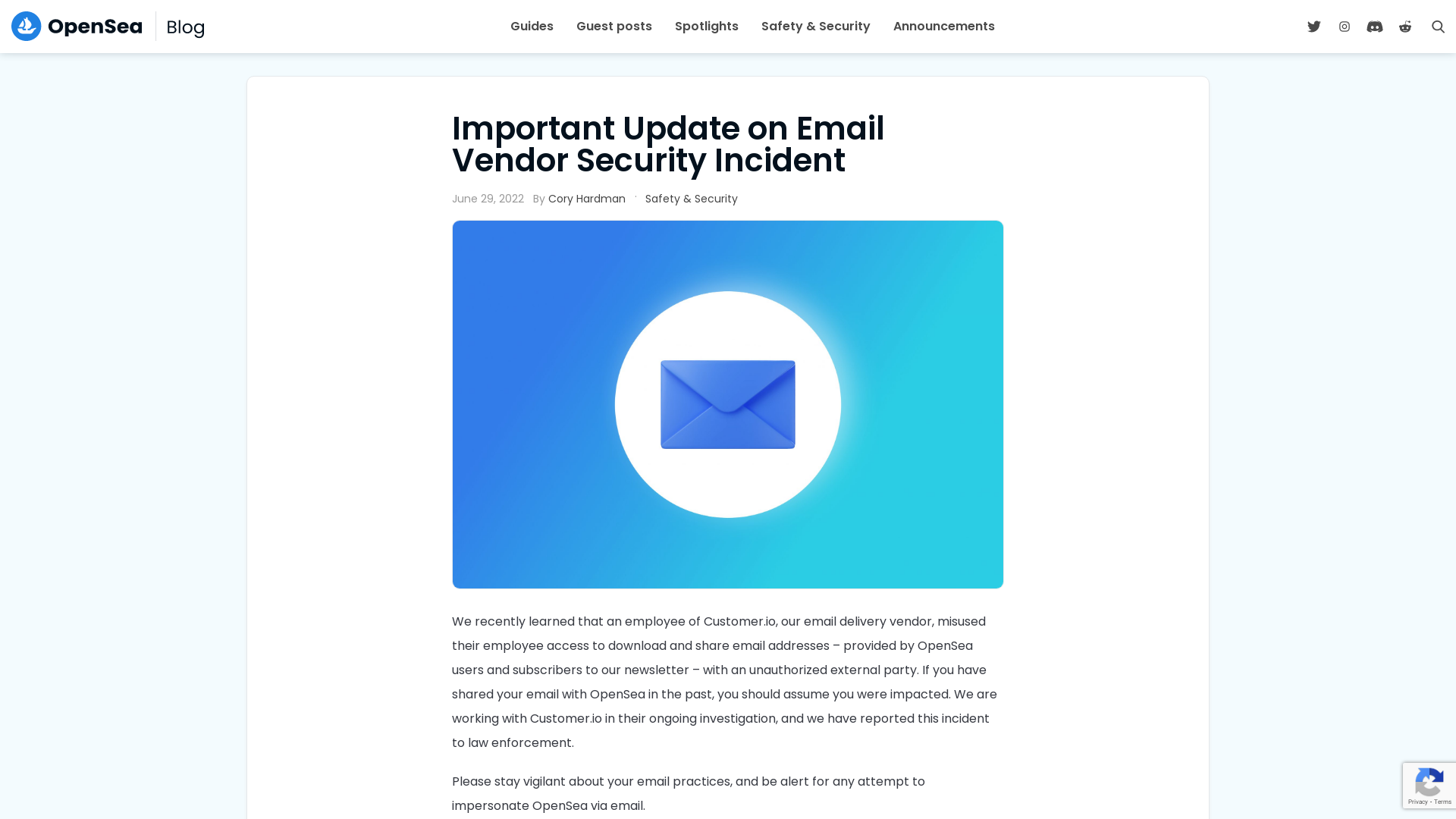 Important Update on Email Vendor Security Incident - OpenSea Blog