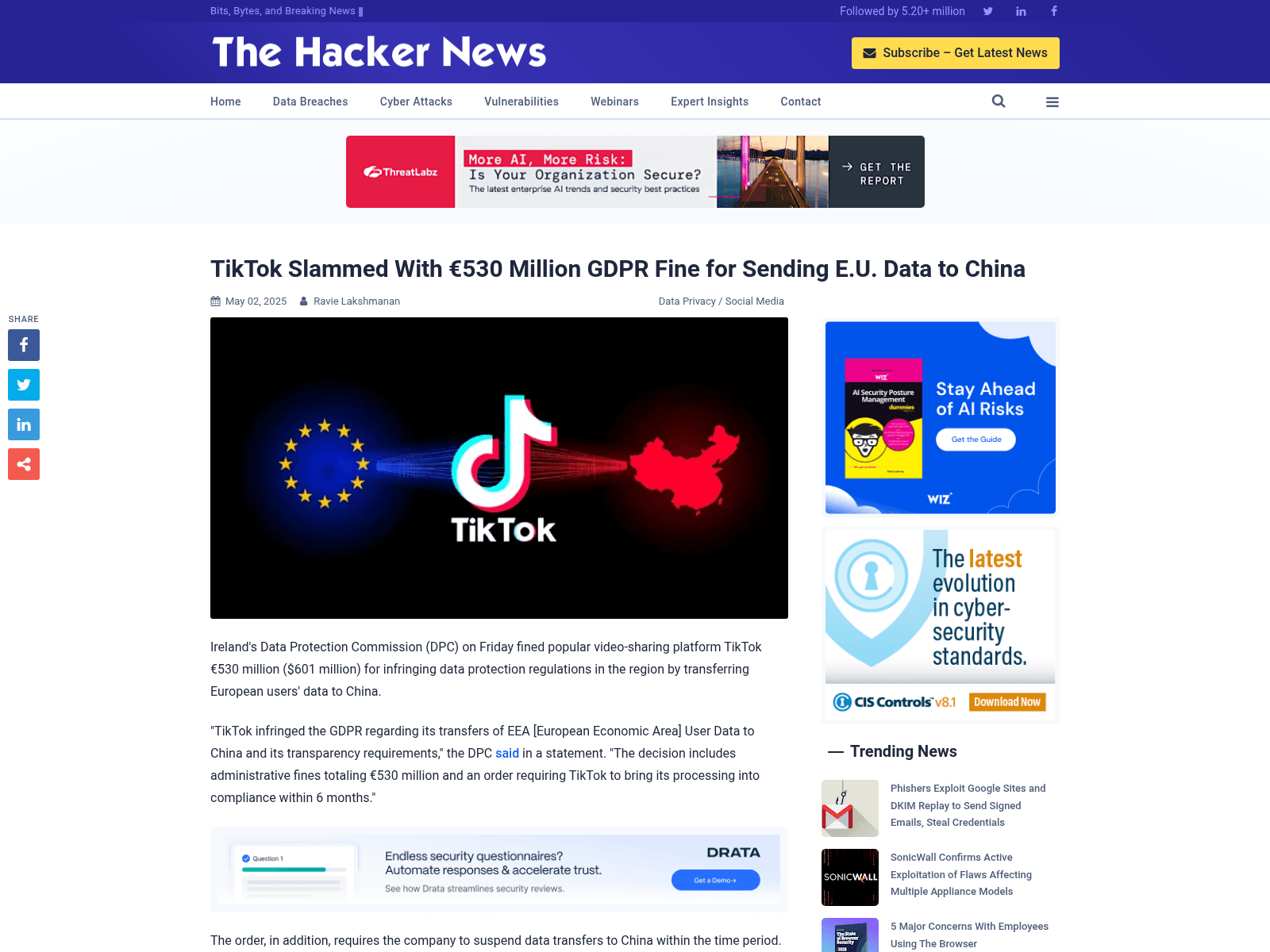 TikTok Slammed With €530 Million GDPR Fine for Sending E.U. Data to China