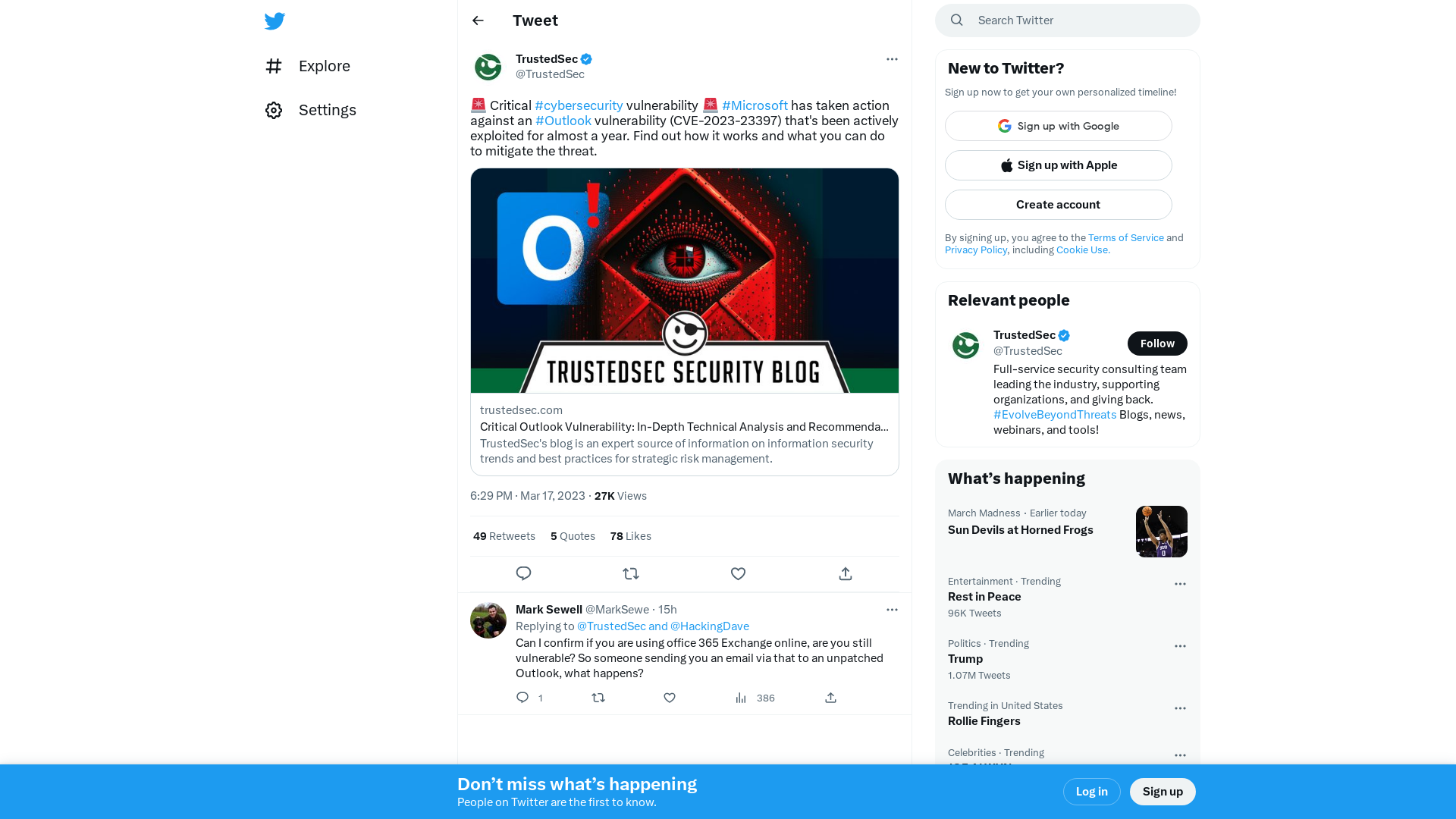 TrustedSec on Twitter: "🚨 Critical #cybersecurity vulnerability 🚨 #Microsoft has taken action against an #Outlook vulnerability (CVE-2023-23397) that's been actively exploited for almost a year. Find out how it works and what you can do to mitigate the threat. https://t.co/y5PomCOaQt" / Twitter