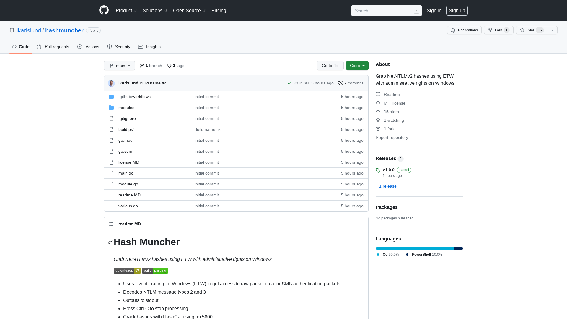 GitHub - lkarlslund/hashmuncher: Grab NetNTLMv2 hashes using ETW with administrative rights on Windows