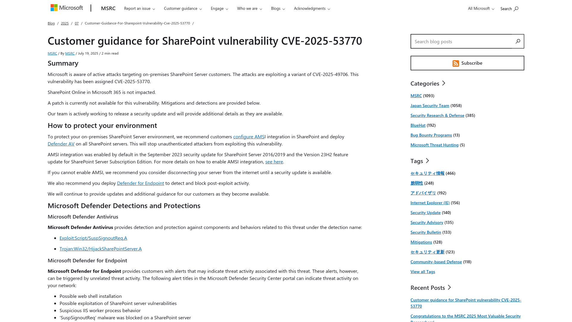 Customer guidance for SharePoint vulnerability CVE-2025-53770 | MSRC Blog | Microsoft Security Response Center