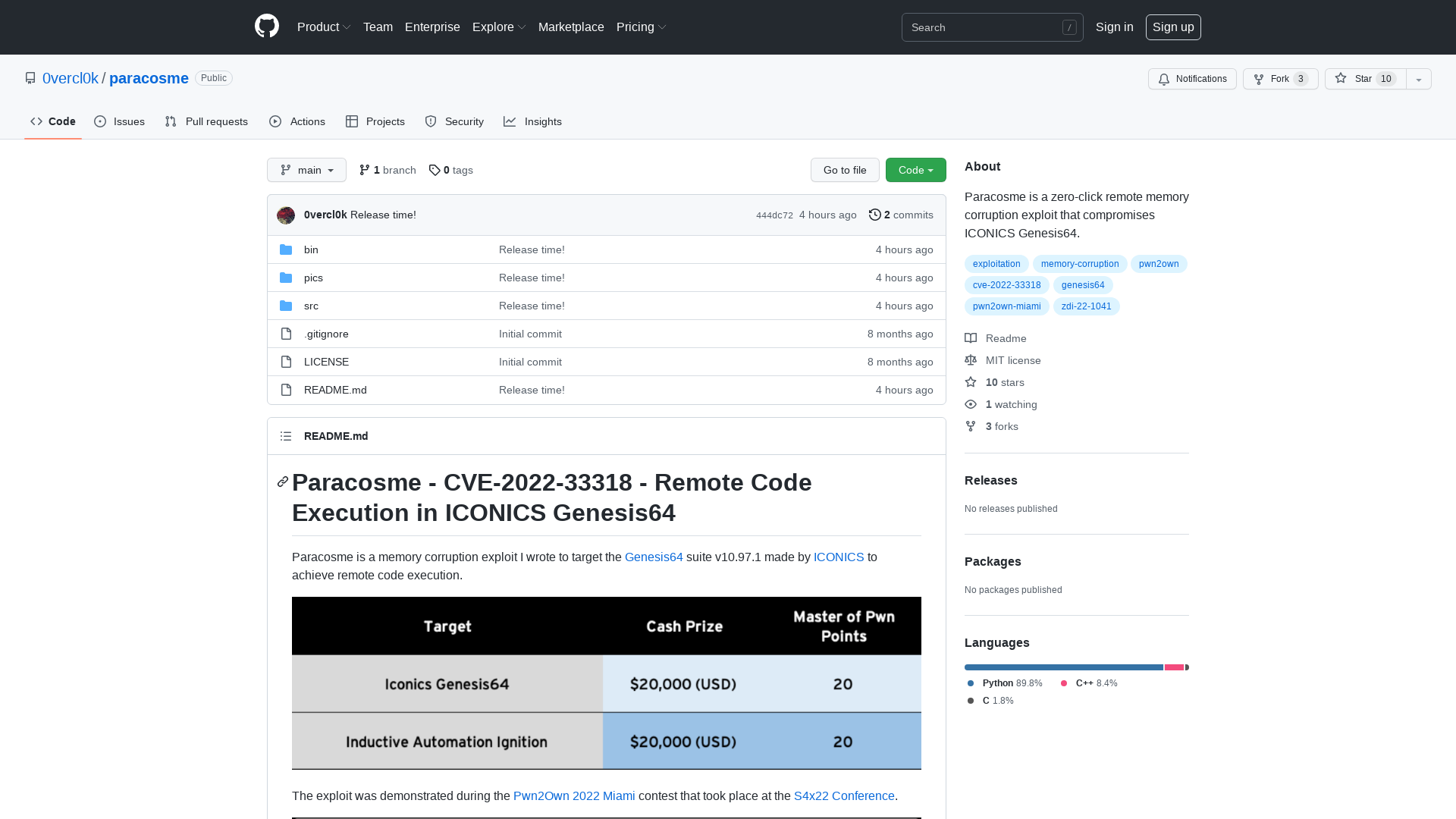 GitHub - 0vercl0k/paracosme: Paracosme is a zero-click remote memory corruption exploit that compromises ICONICS Genesis64.