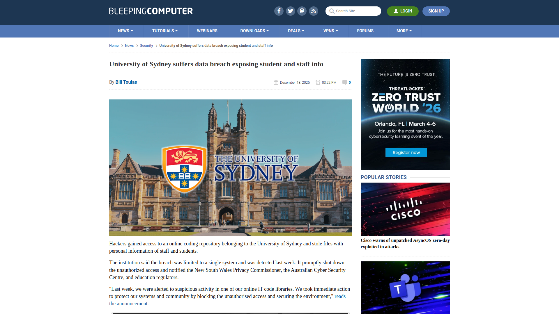 University of Sydney suffers data breach exposing student and staff info