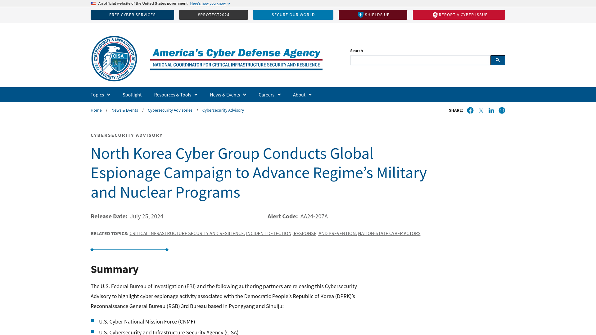 North Korea Cyber Group Conducts Global Espionage Campaign to Advance Regime’s Military and Nuclear Programs | CISA