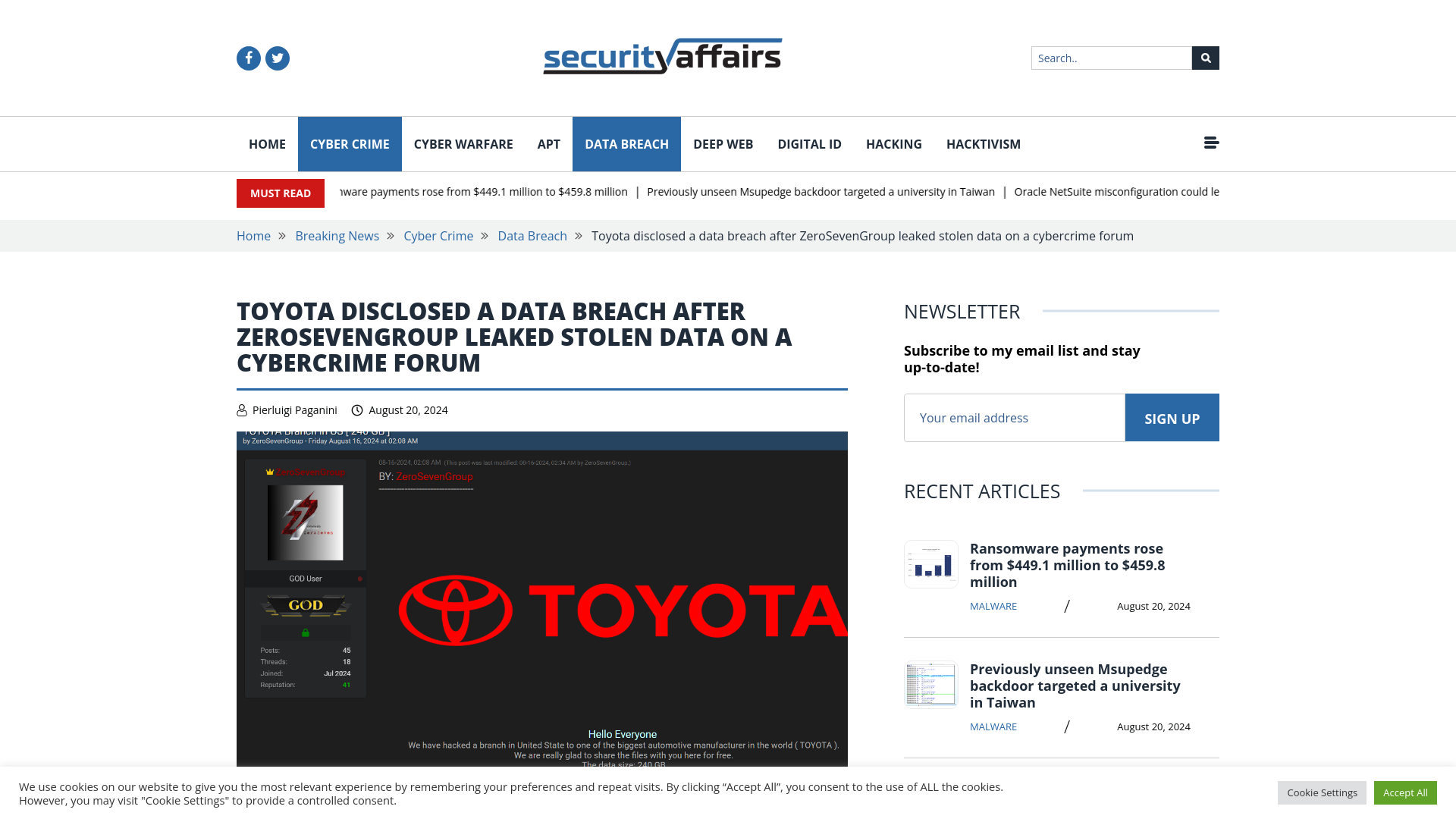 Toyota disclosed a data breach after ZeroSevenGroup leaked stolen data on a cybercrime forum