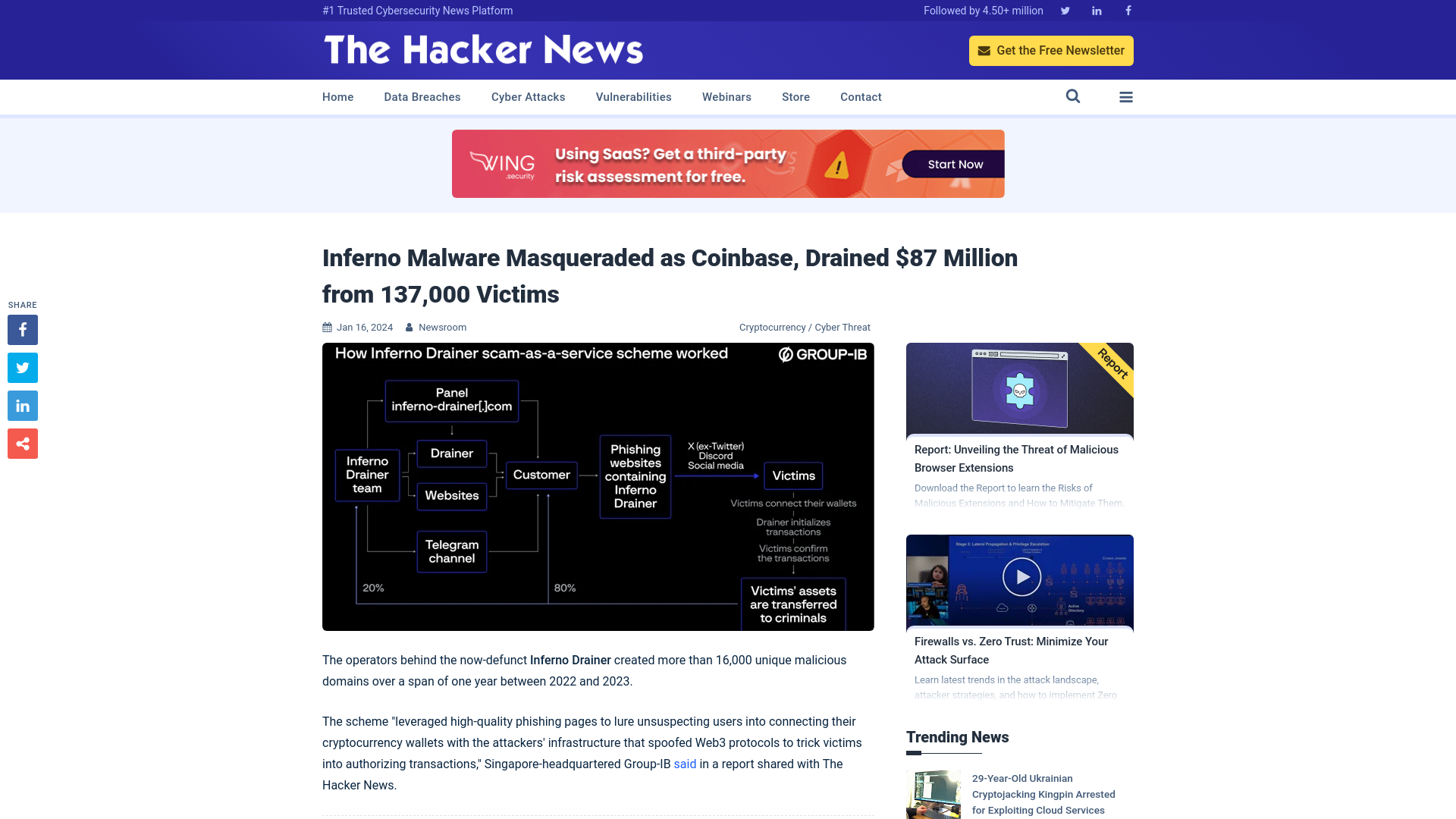 Inferno Malware Masqueraded as Coinbase, Drained $87 Million from 137,000 Victims