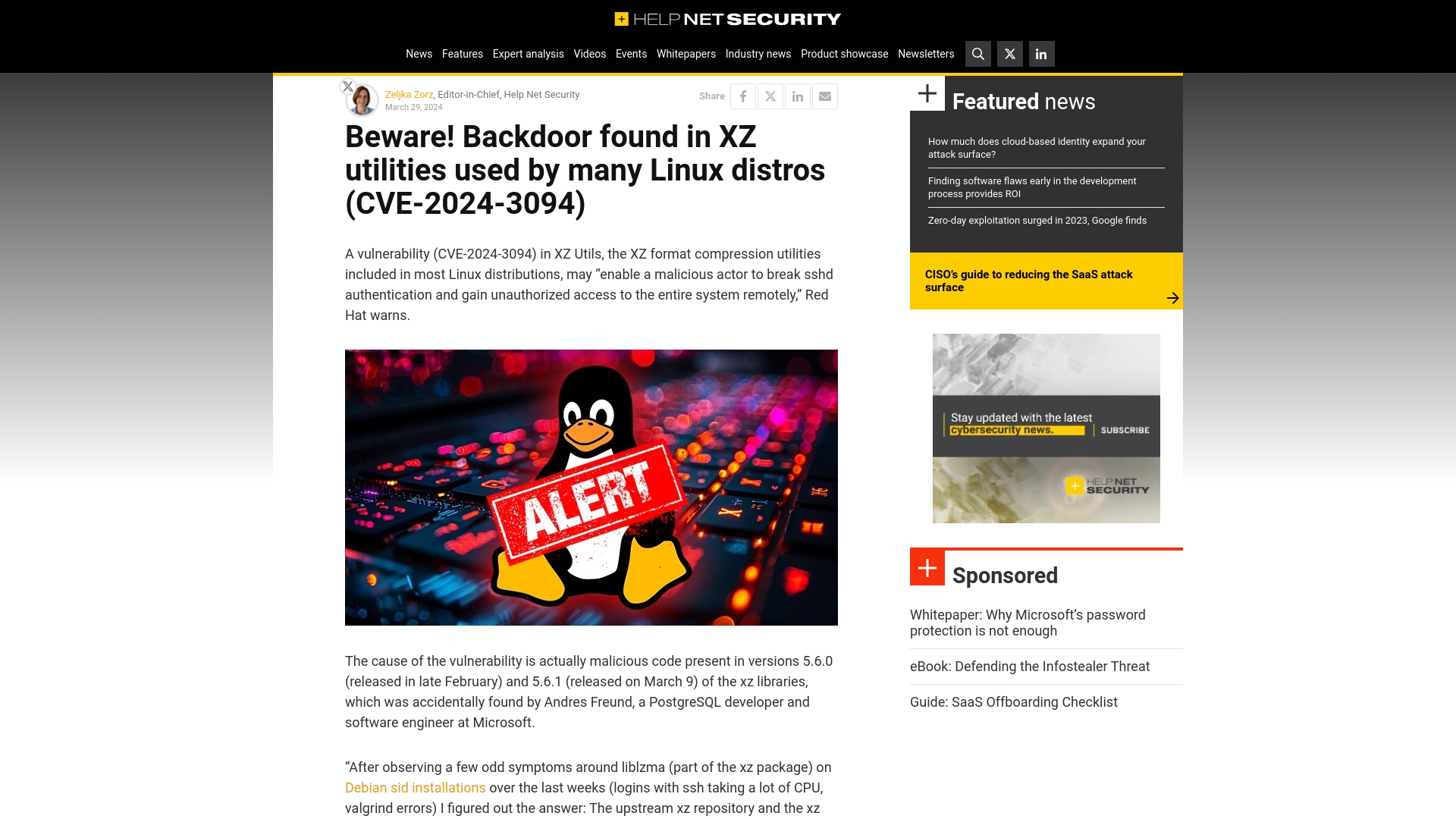 Beware! Backdoor found in XZ utilities used by many Linux distros (CVE-2024-3094) - Help Net Security