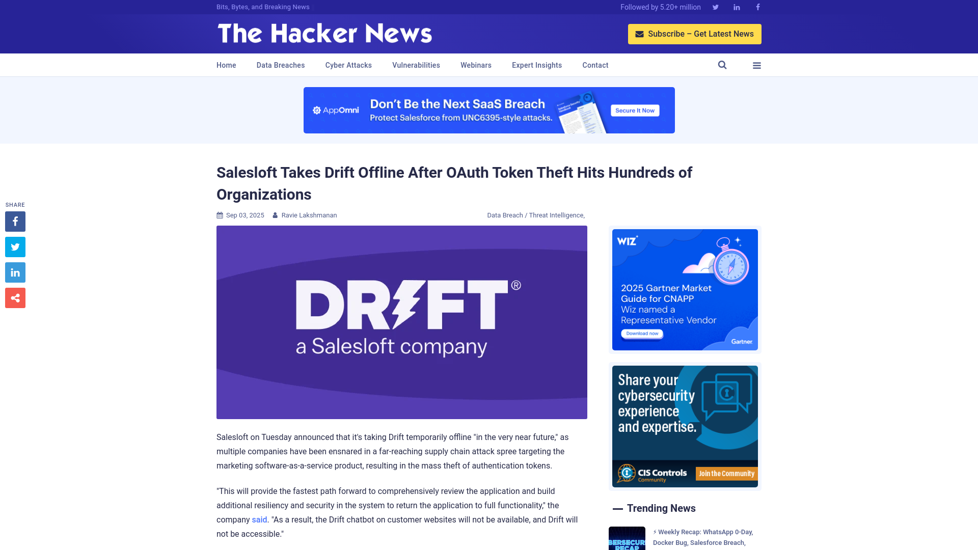 Salesloft Takes Drift Offline After OAuth Token Theft Hits Hundreds of Organizations