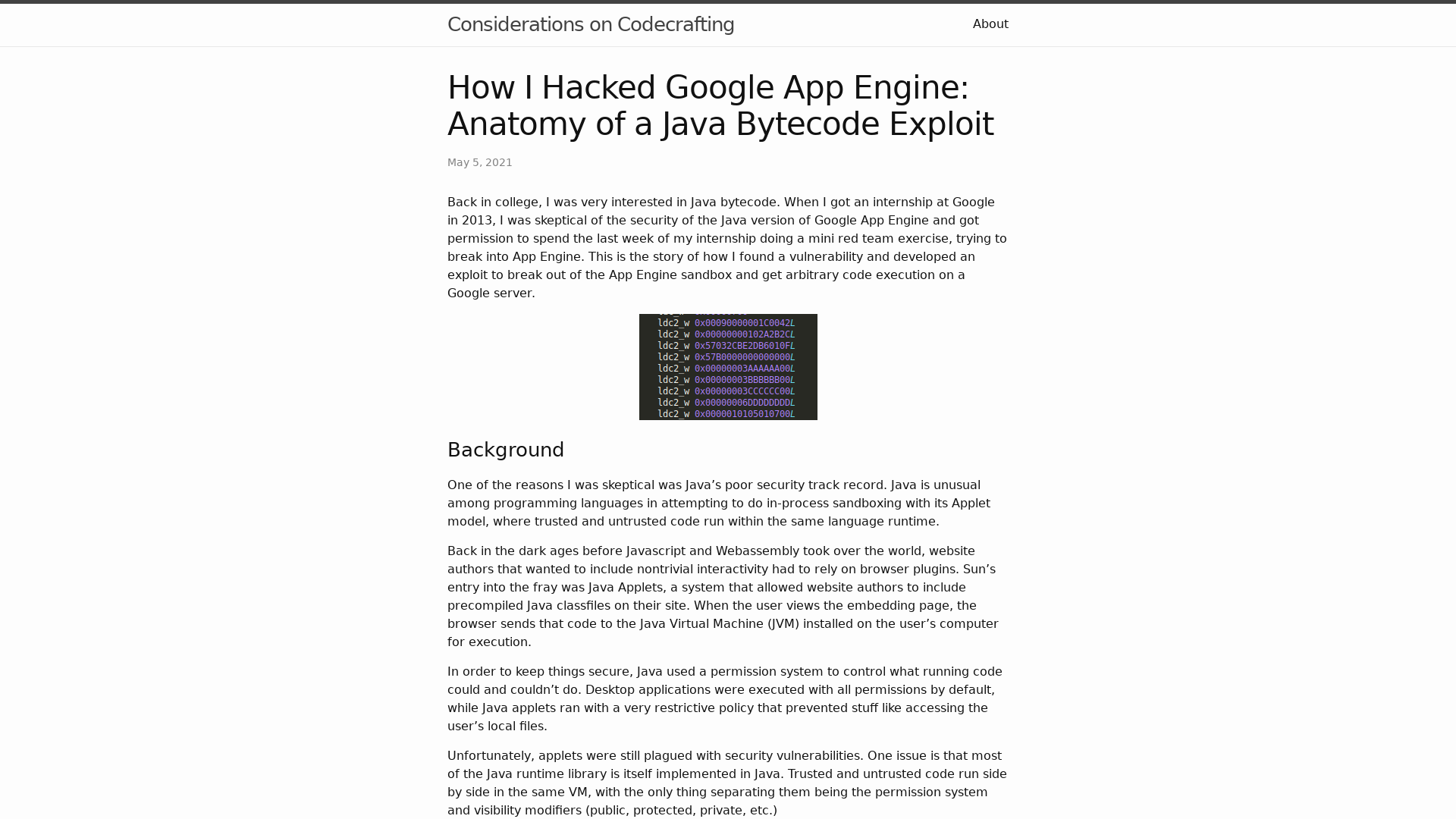 How I Hacked Google App Engine: Anatomy of a Java Bytecode Exploit | Considerations on Codecrafting