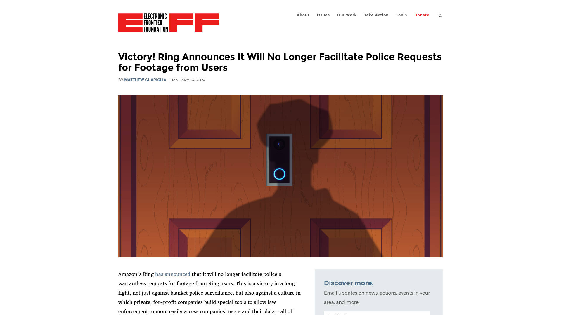 Victory! Ring Announces It Will No Longer Facilitate Police Requests for Footage from Users | Electronic Frontier Foundation