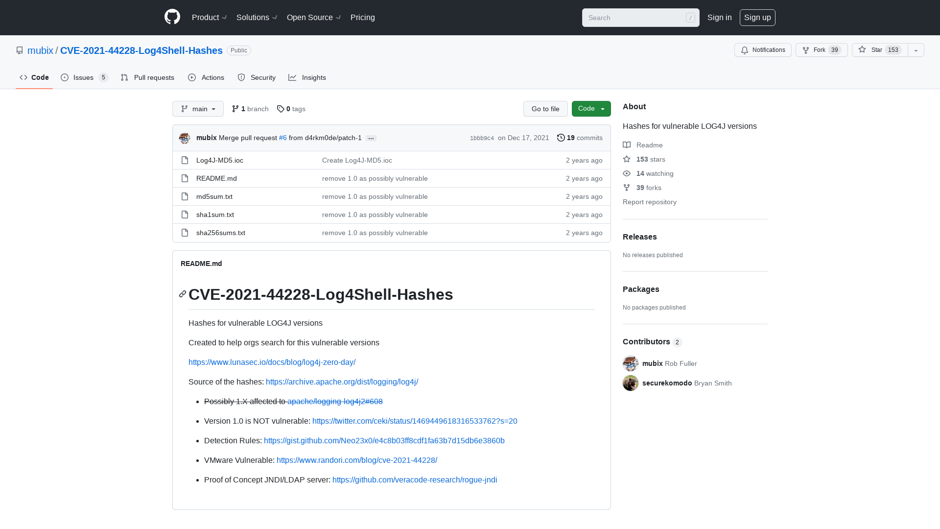 GitHub - mubix/CVE-2021-44228-Log4Shell-Hashes: Hashes for vulnerable LOG4J versions