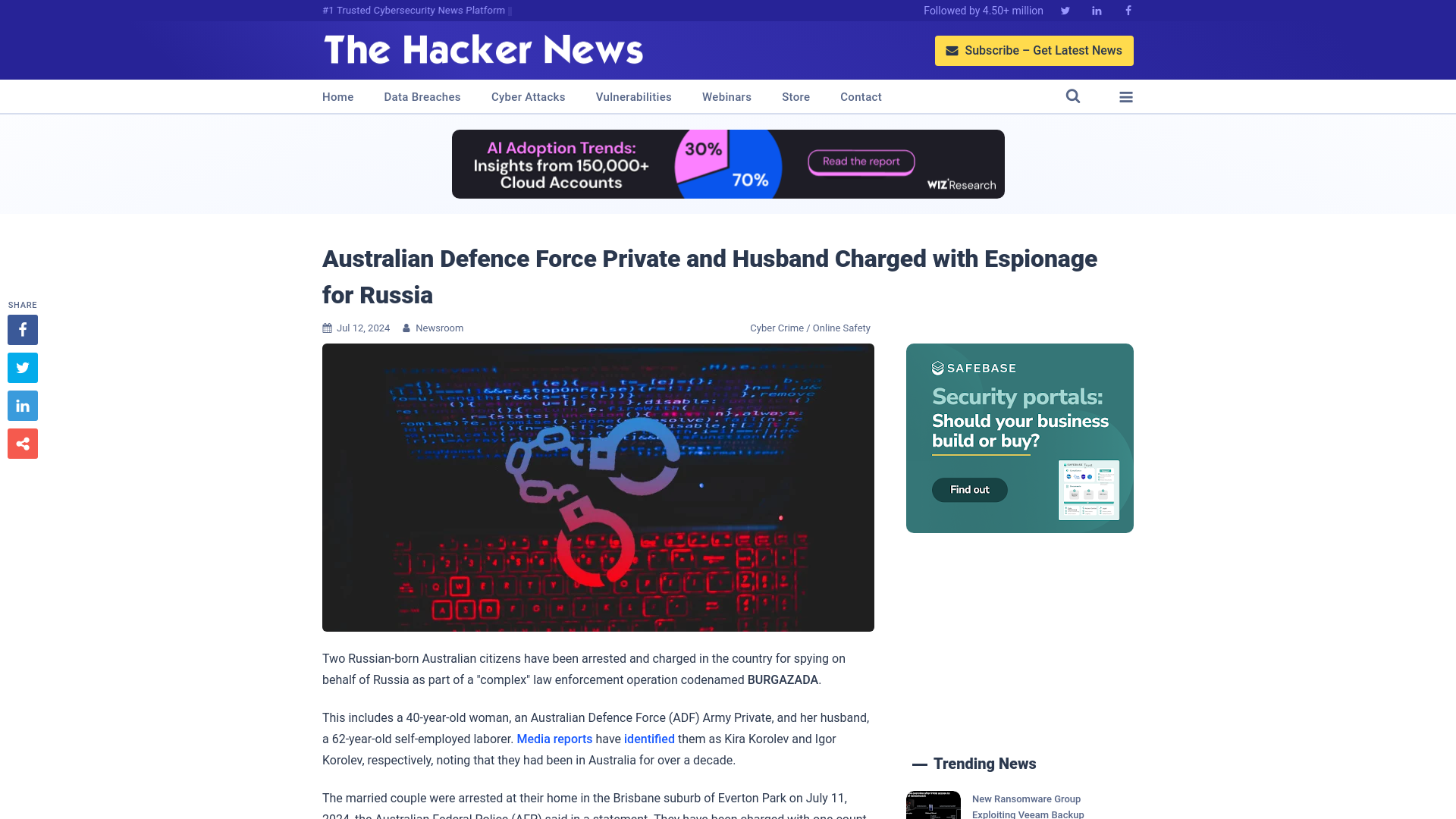 Australian Defence Force Private and Husband Charged with Espionage for Russia